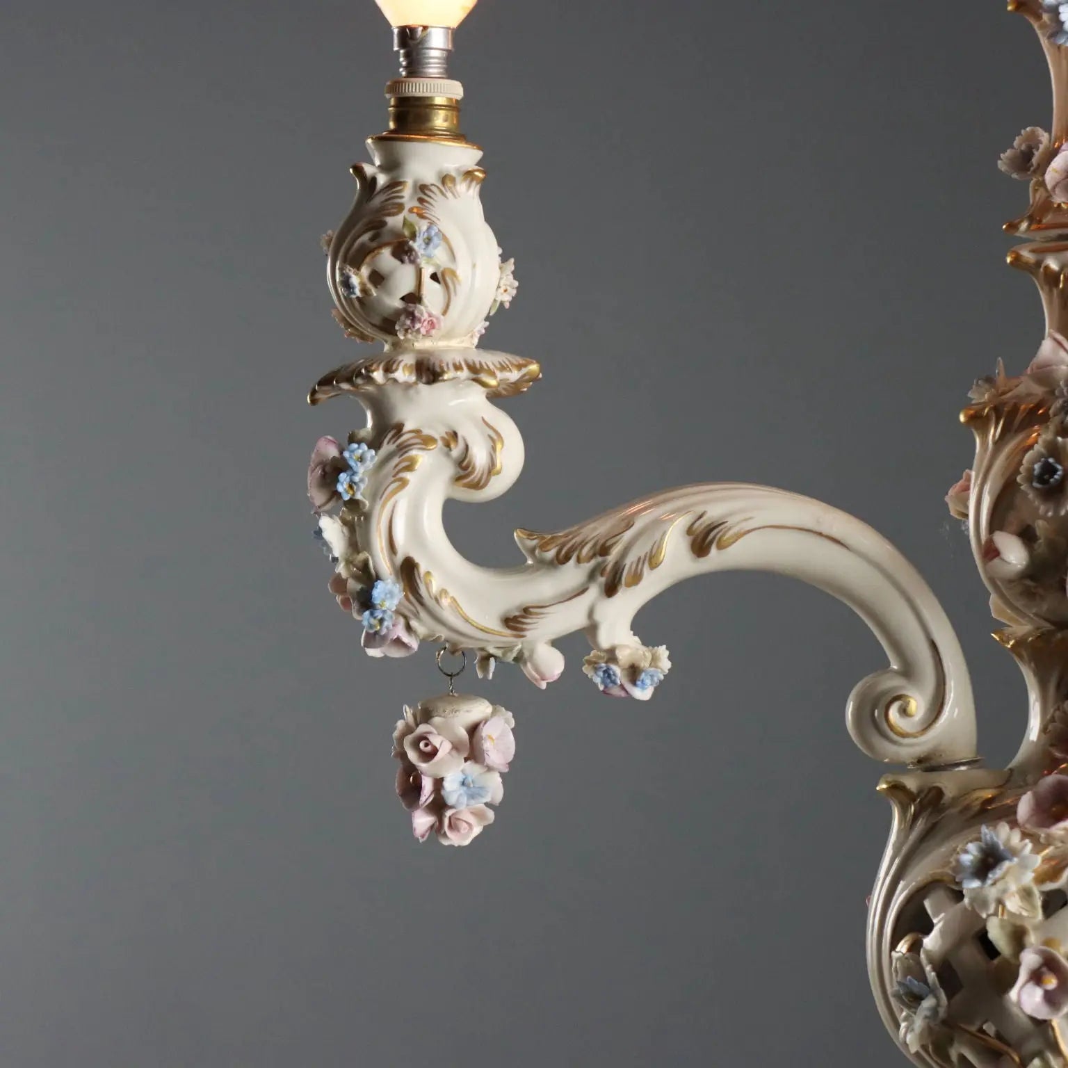 Ceramic Chandelier with Polychrome Flowers, Italy 20th Century