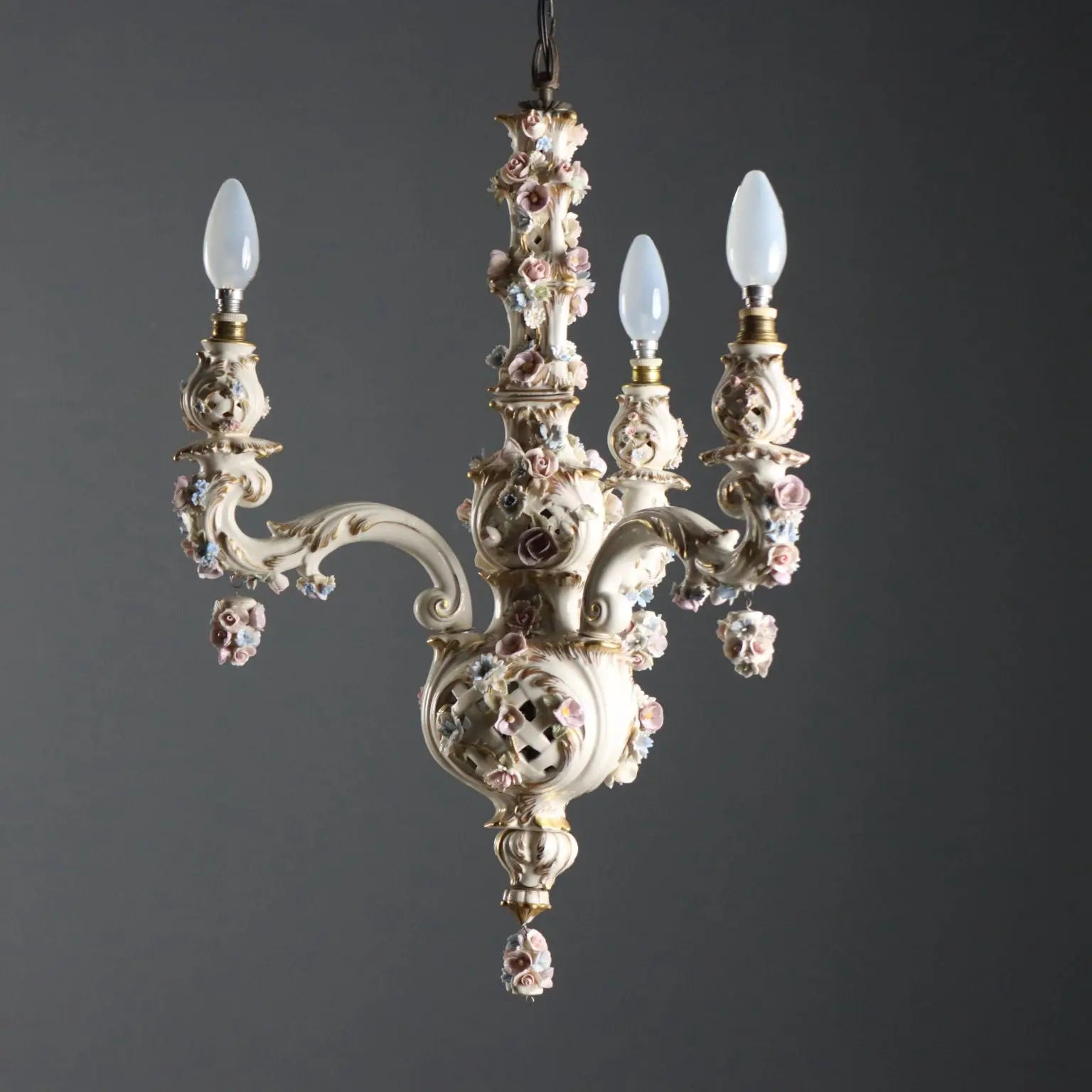 Ceramic Chandelier with Polychrome Flowers, Italy 20th Century