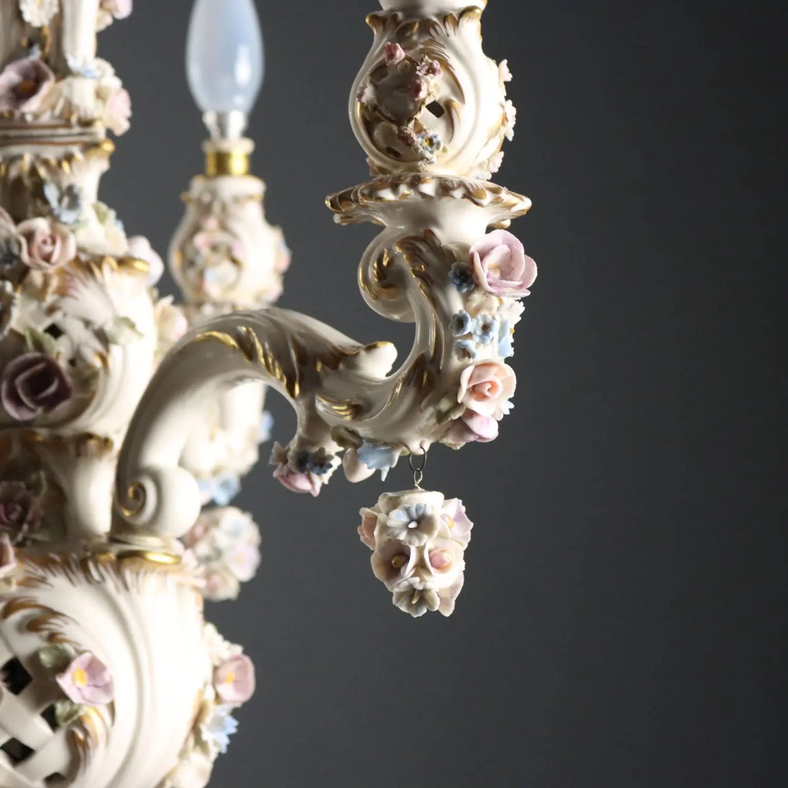 Ceramic Chandelier with Polychrome Flowers, Italy 20th Century