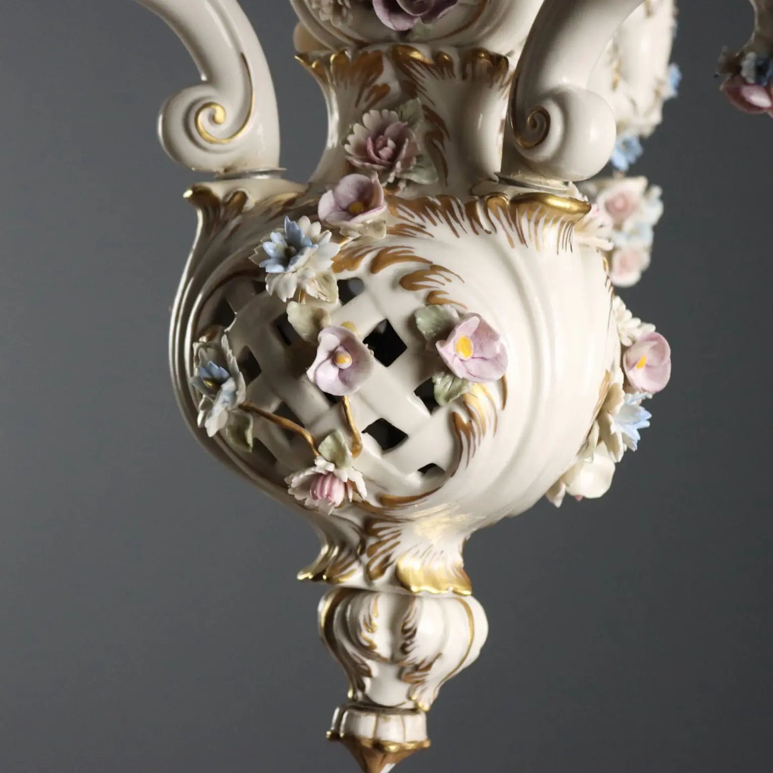 Ceramic Chandelier with Polychrome Flowers, Italy 20th Century