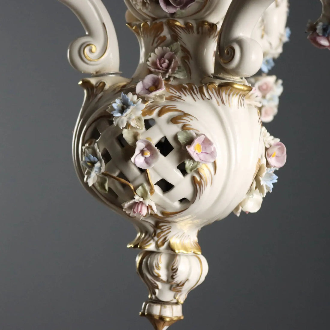 Ceramic Chandelier with Polychrome Flowers, Italy 20th Century