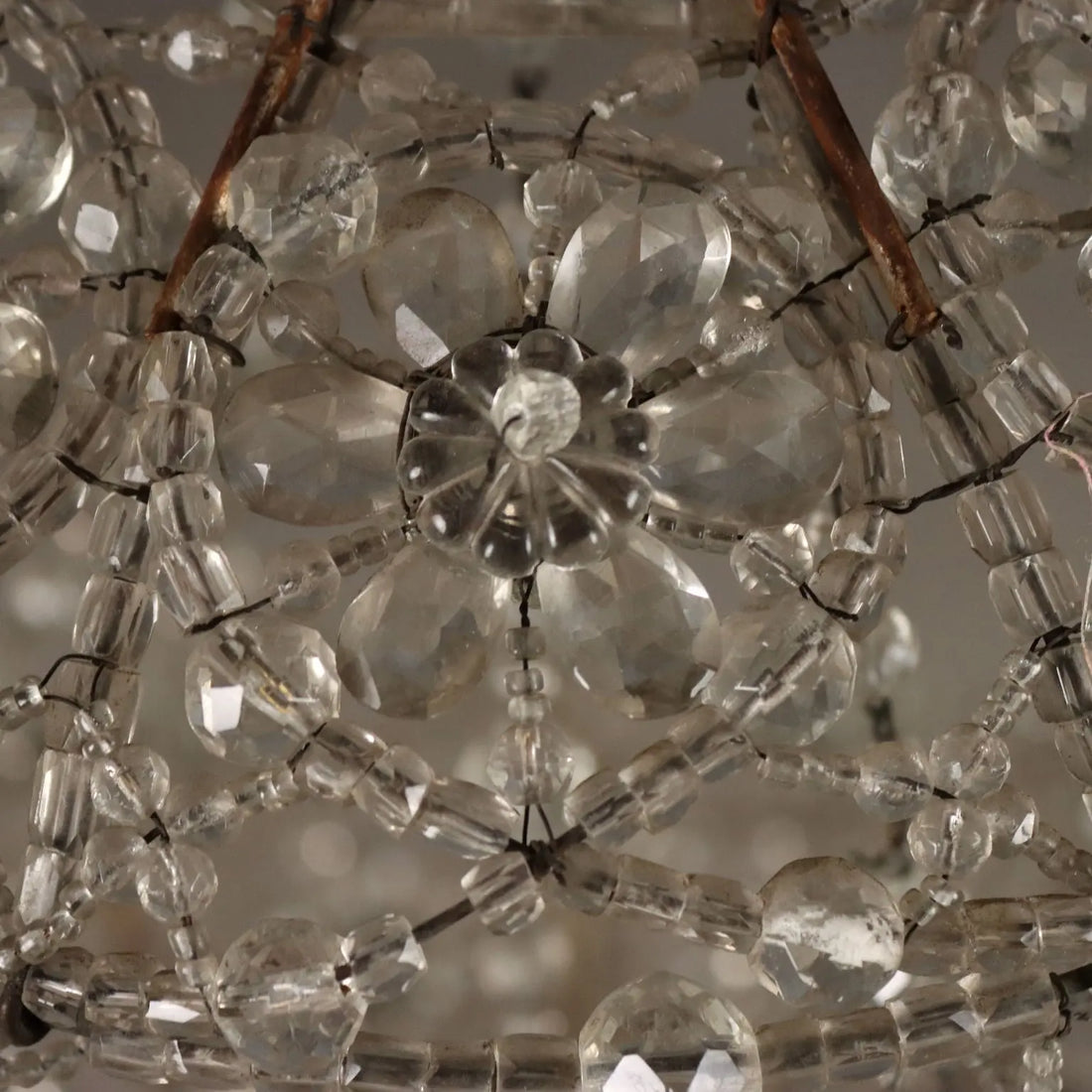 Antique Chandelier Glass Iron Flower Decorations 6 Lights XIX Century