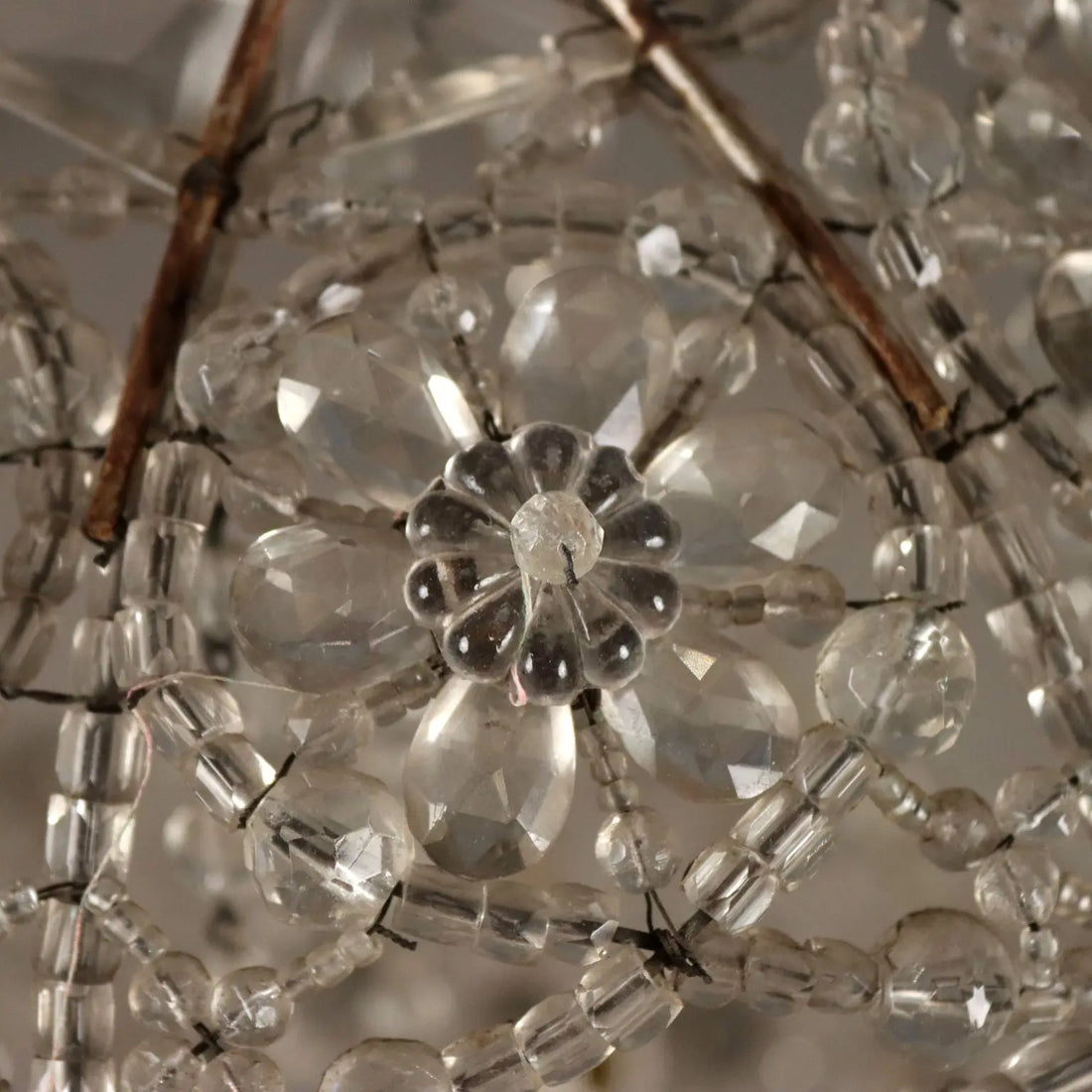 Antique Chandelier Glass Iron Flower Decorations 6 Lights XIX Century