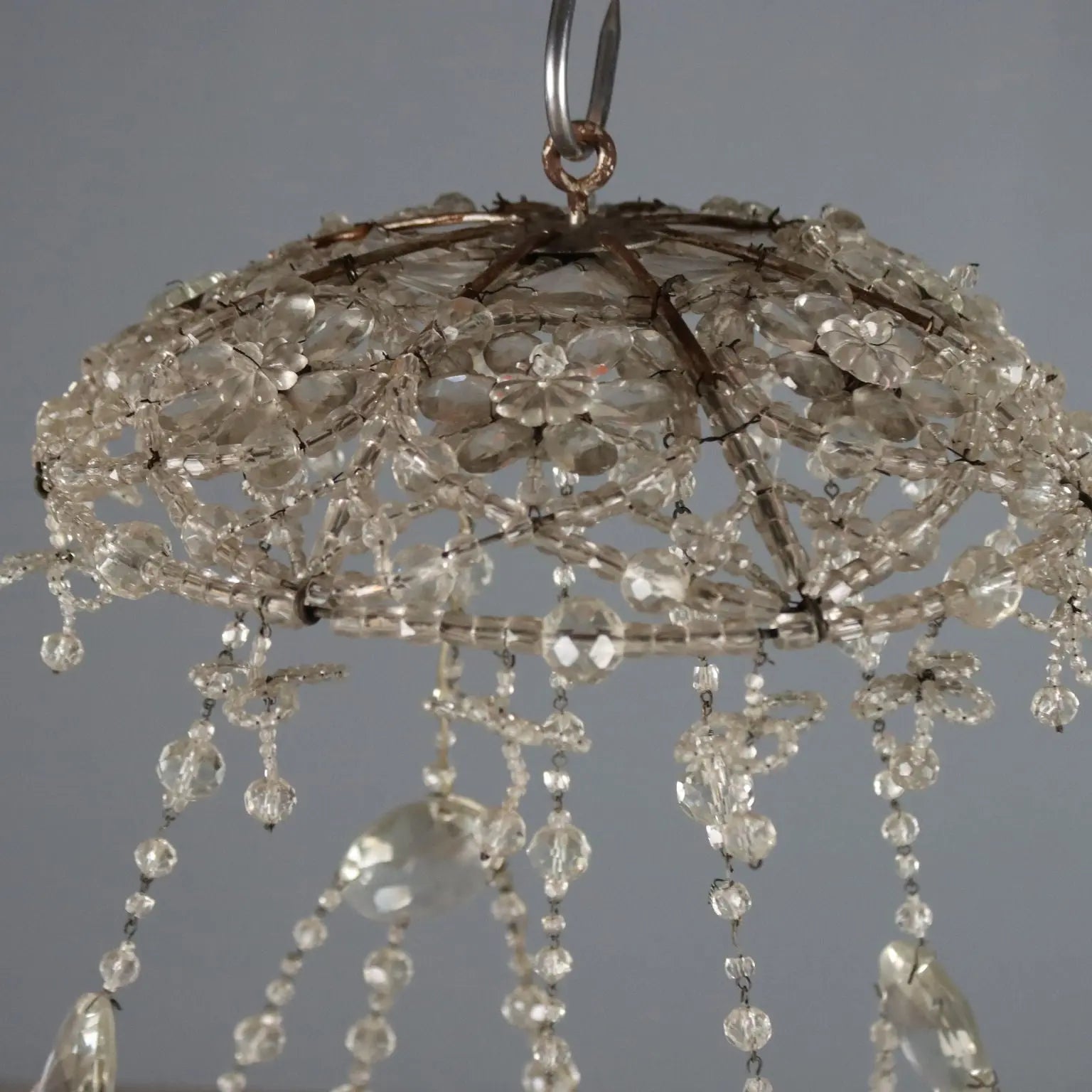 Antique Chandelier Glass Iron Flower Decorations 6 Lights XIX Century