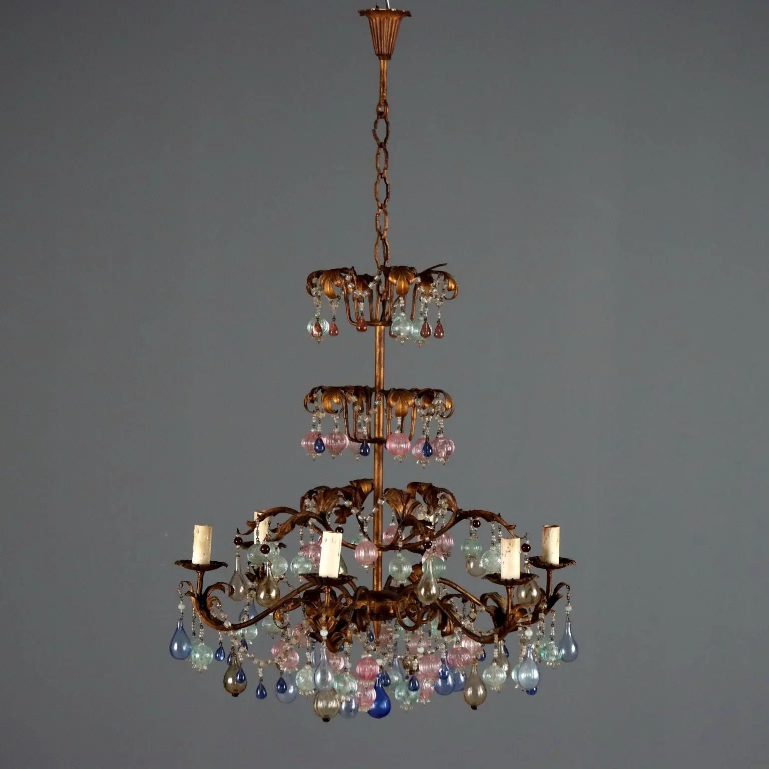 Antique Chandelier Gilded Iron Glass 6 Lights Italy XX Century