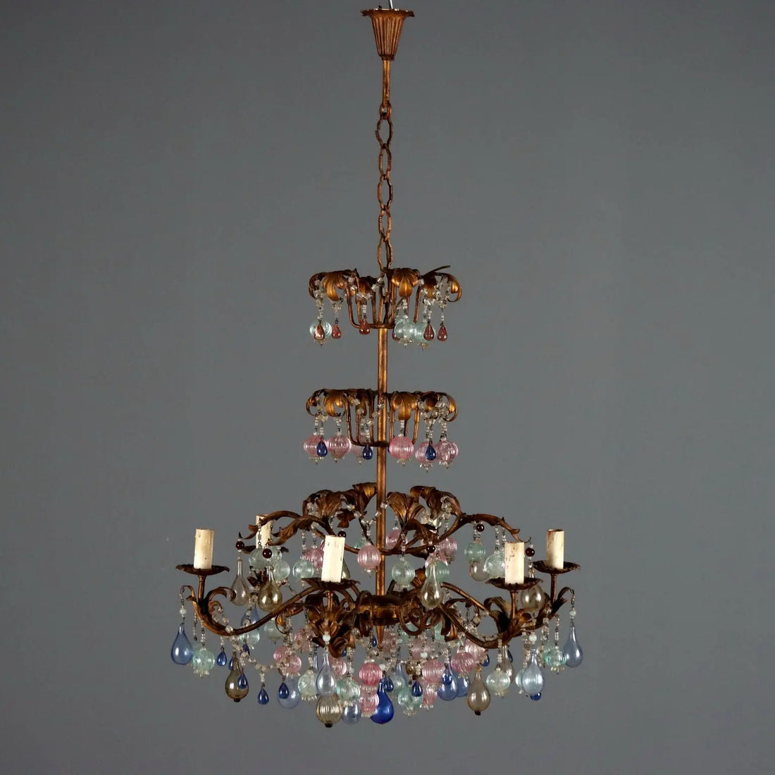 Antique Chandelier Gilded Iron Glass 6 Lights Italy XX Century