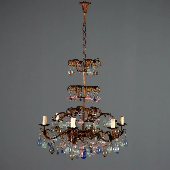 Antique Chandelier Gilded Iron Glass 6 Lights Italy XX Century
