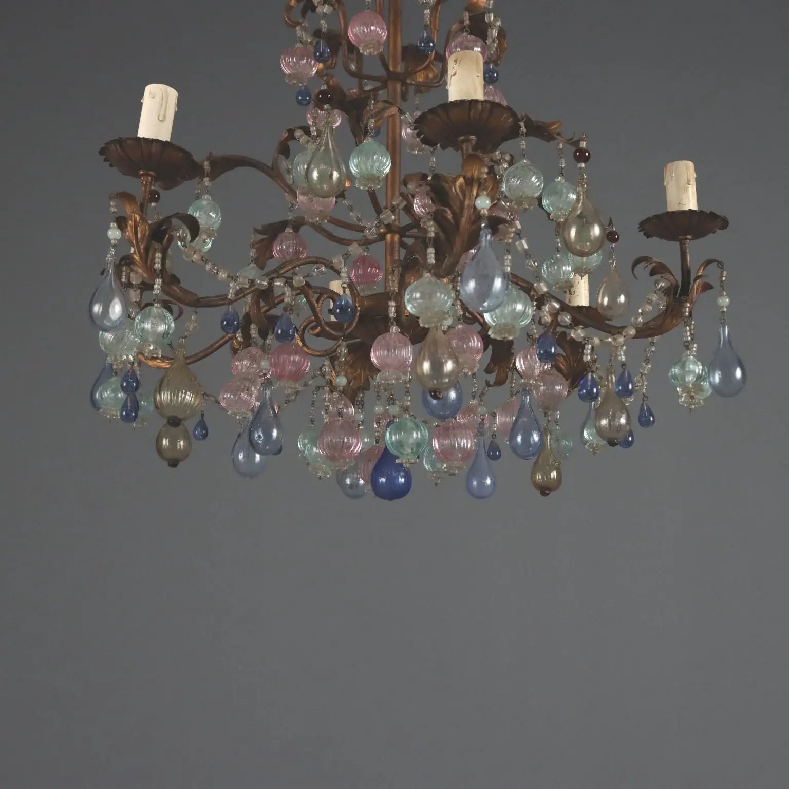 Antique Chandelier Gilded Iron Glass 6 Lights Italy XX Century