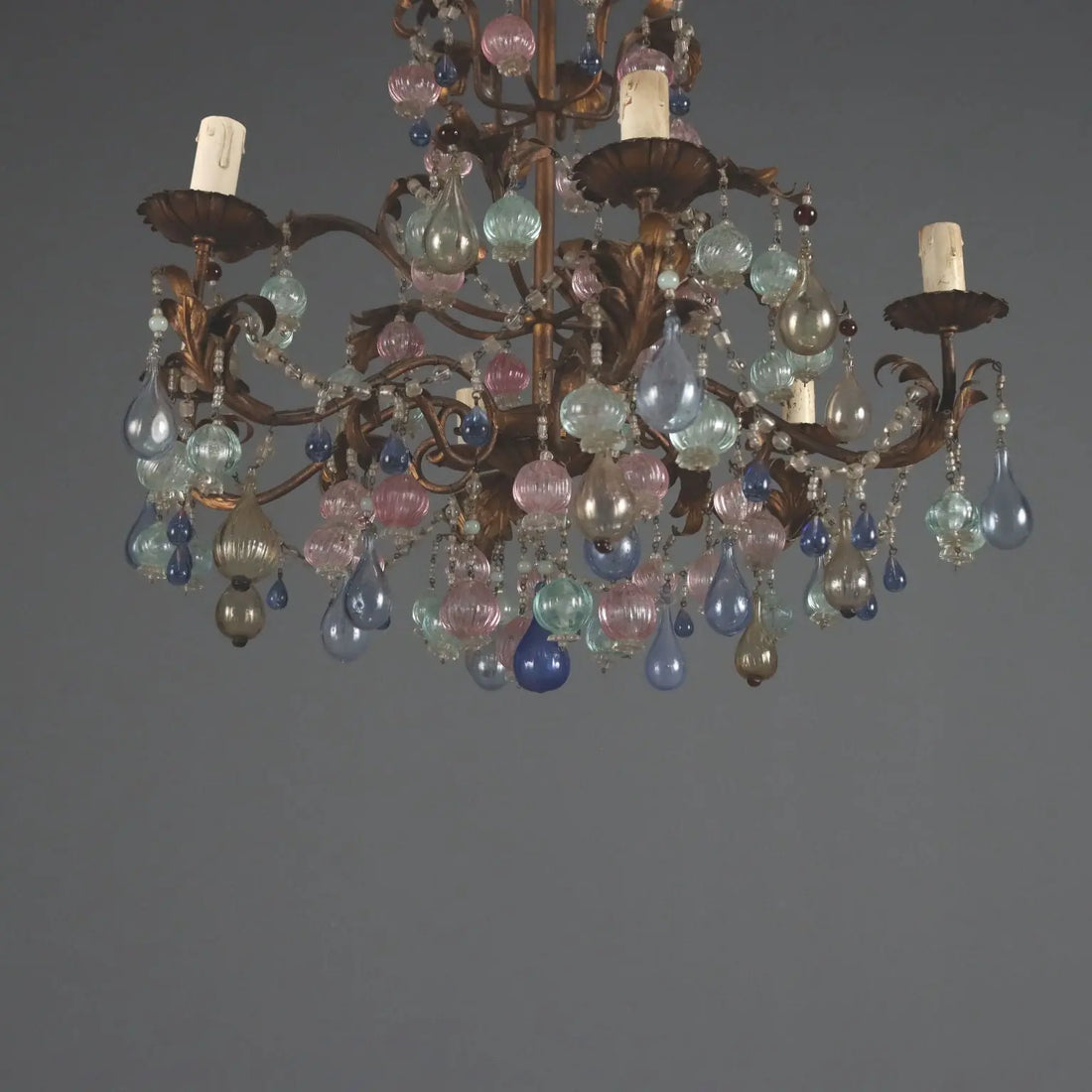 Antique Chandelier Gilded Iron Glass 6 Lights Italy XX Century
