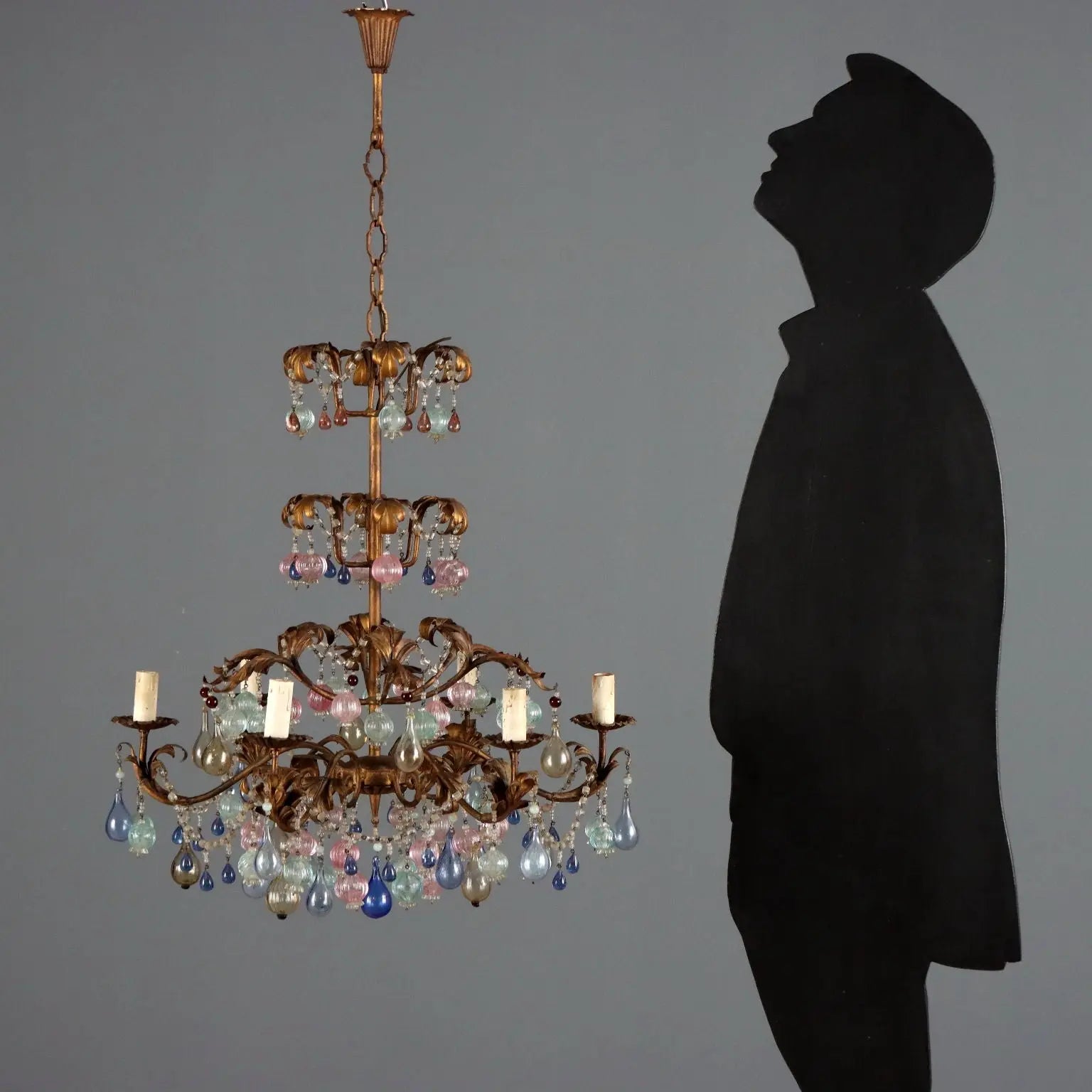 Antique Chandelier Gilded Iron Glass 6 Lights Italy XX Century