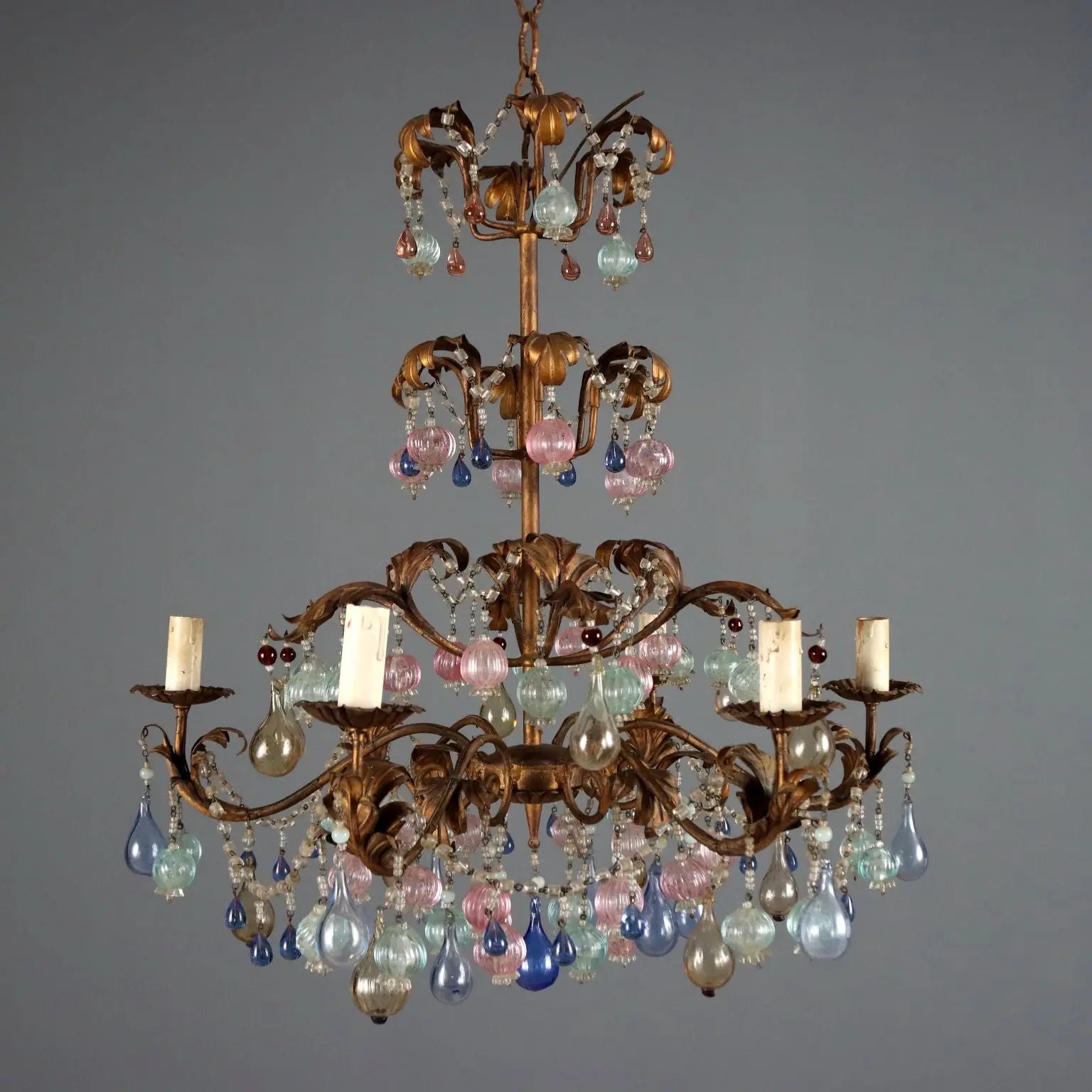 Antique Chandelier Gilded Iron Glass 6 Lights Italy XX Century