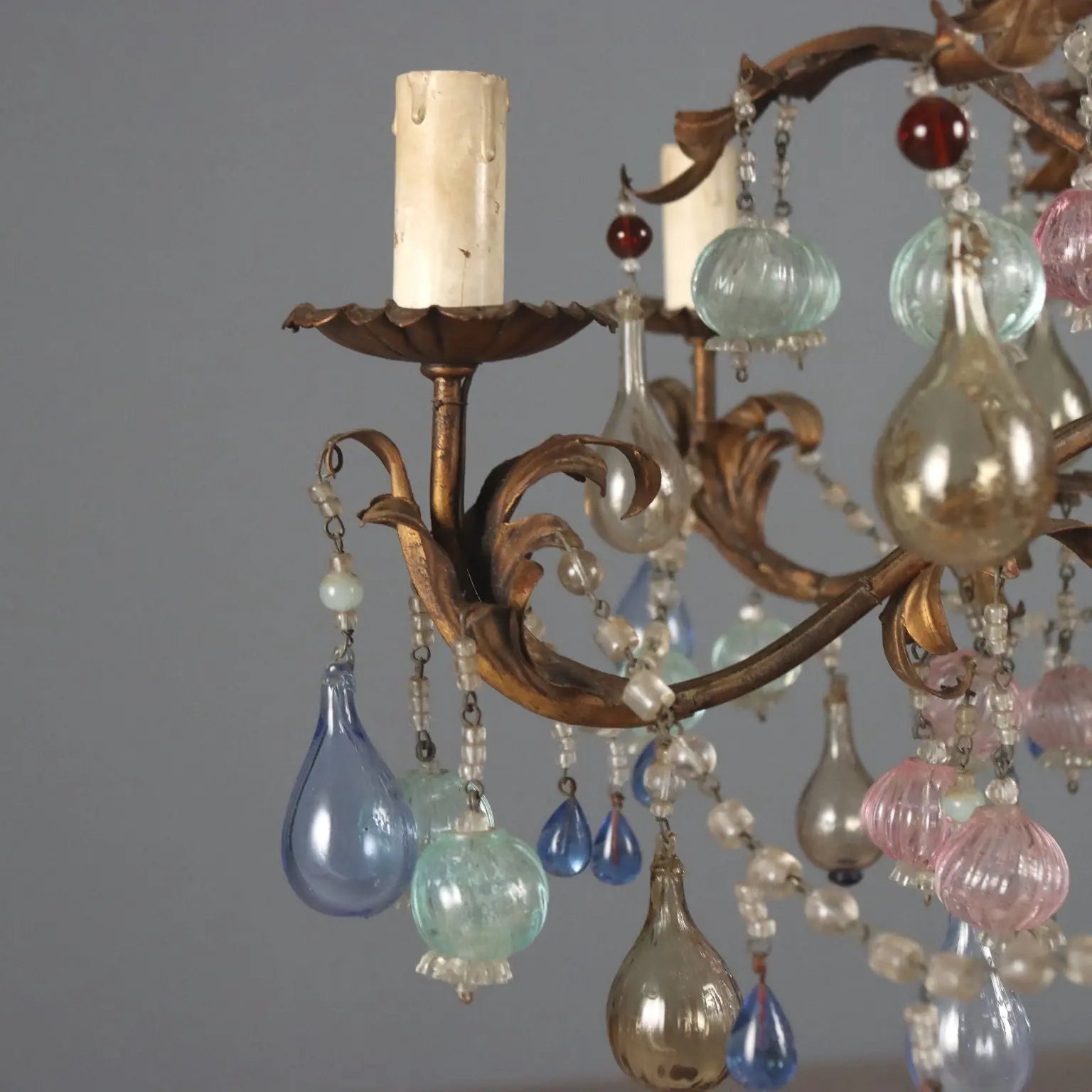 Antique Chandelier Gilded Iron Glass 6 Lights Italy XX Century