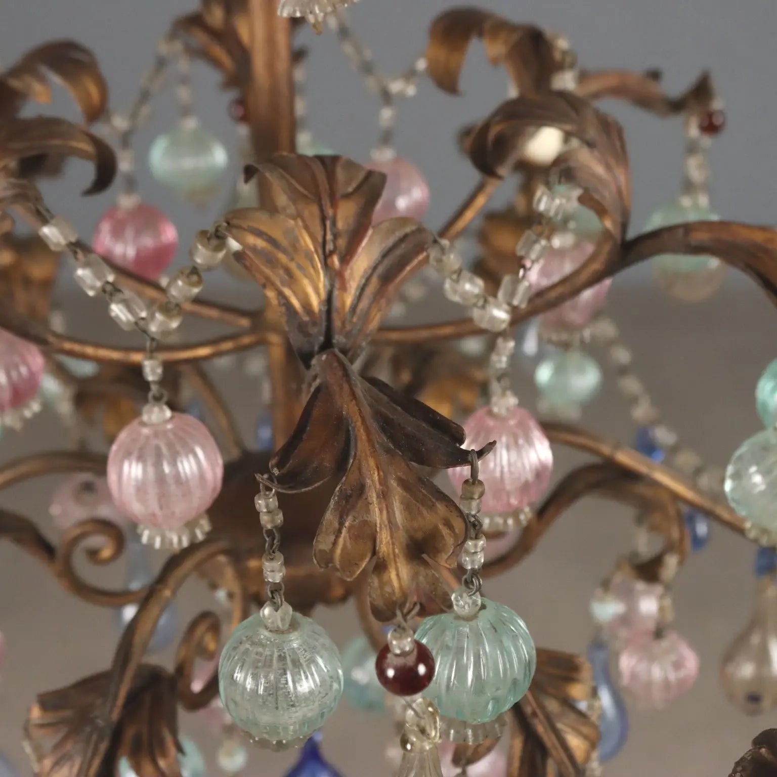 Antique Chandelier Gilded Iron Glass 6 Lights Italy XX Century