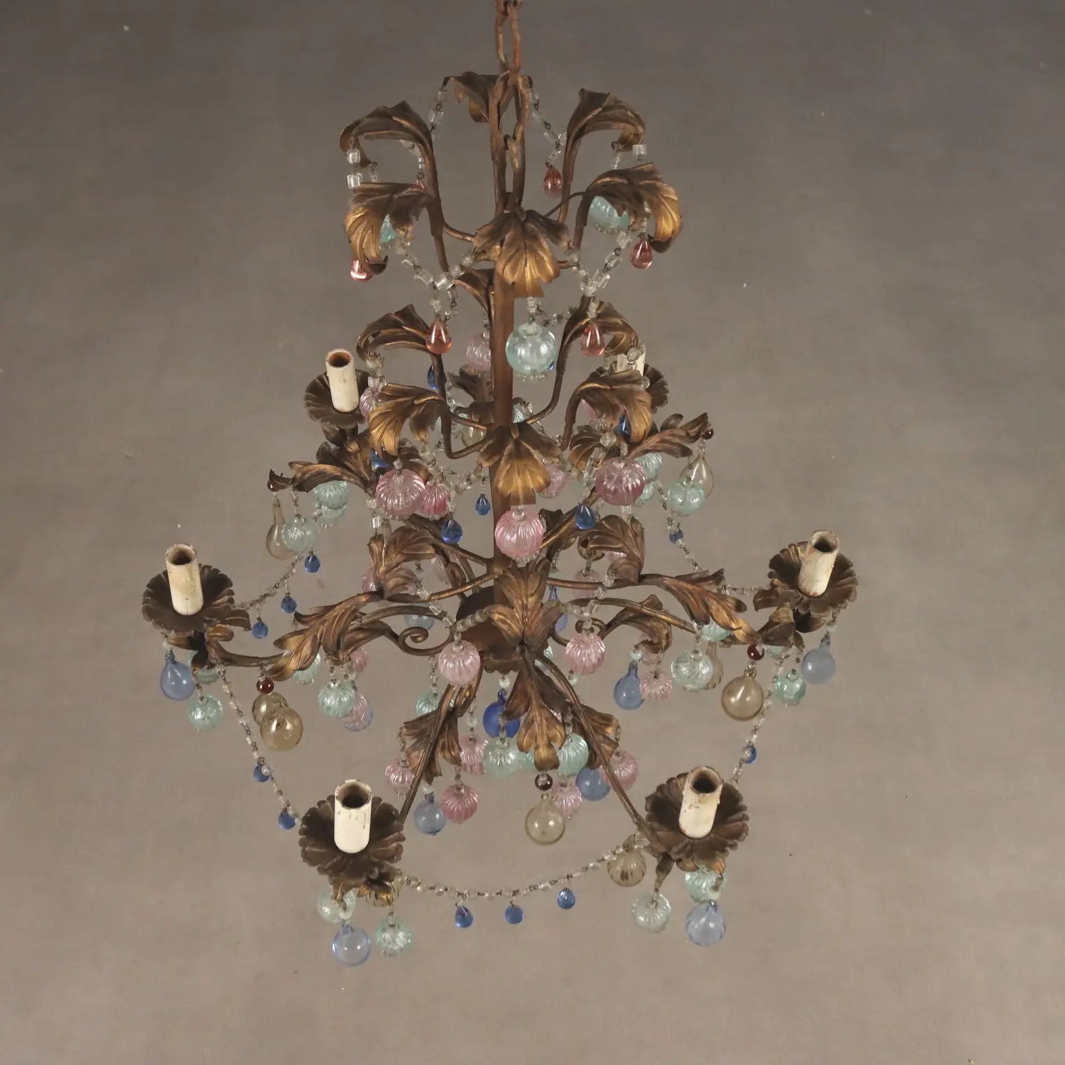 Antique Chandelier Gilded Iron Glass 6 Lights Italy XX Century