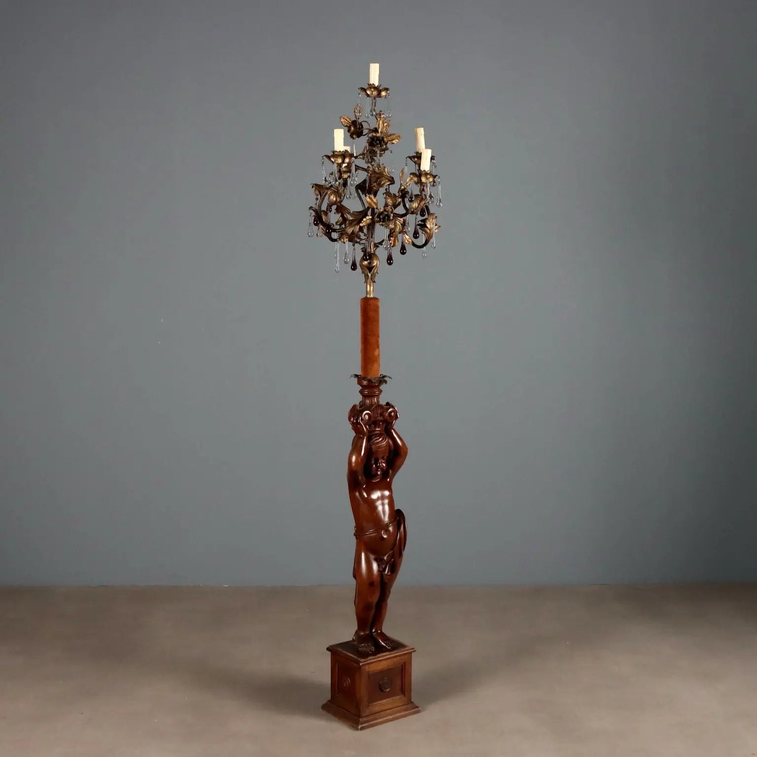 Floor Lamp with Wooden Putto - Italy 19th Century