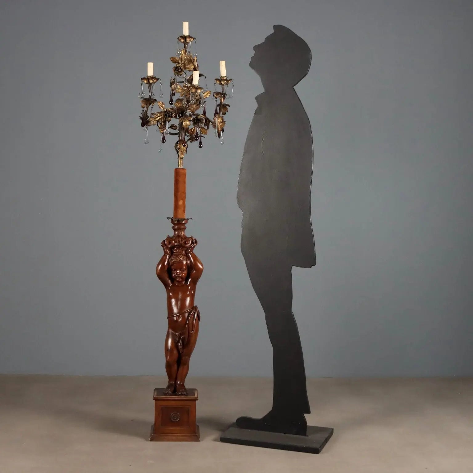Floor Lamp with Wooden Putto - Italy 19th Century