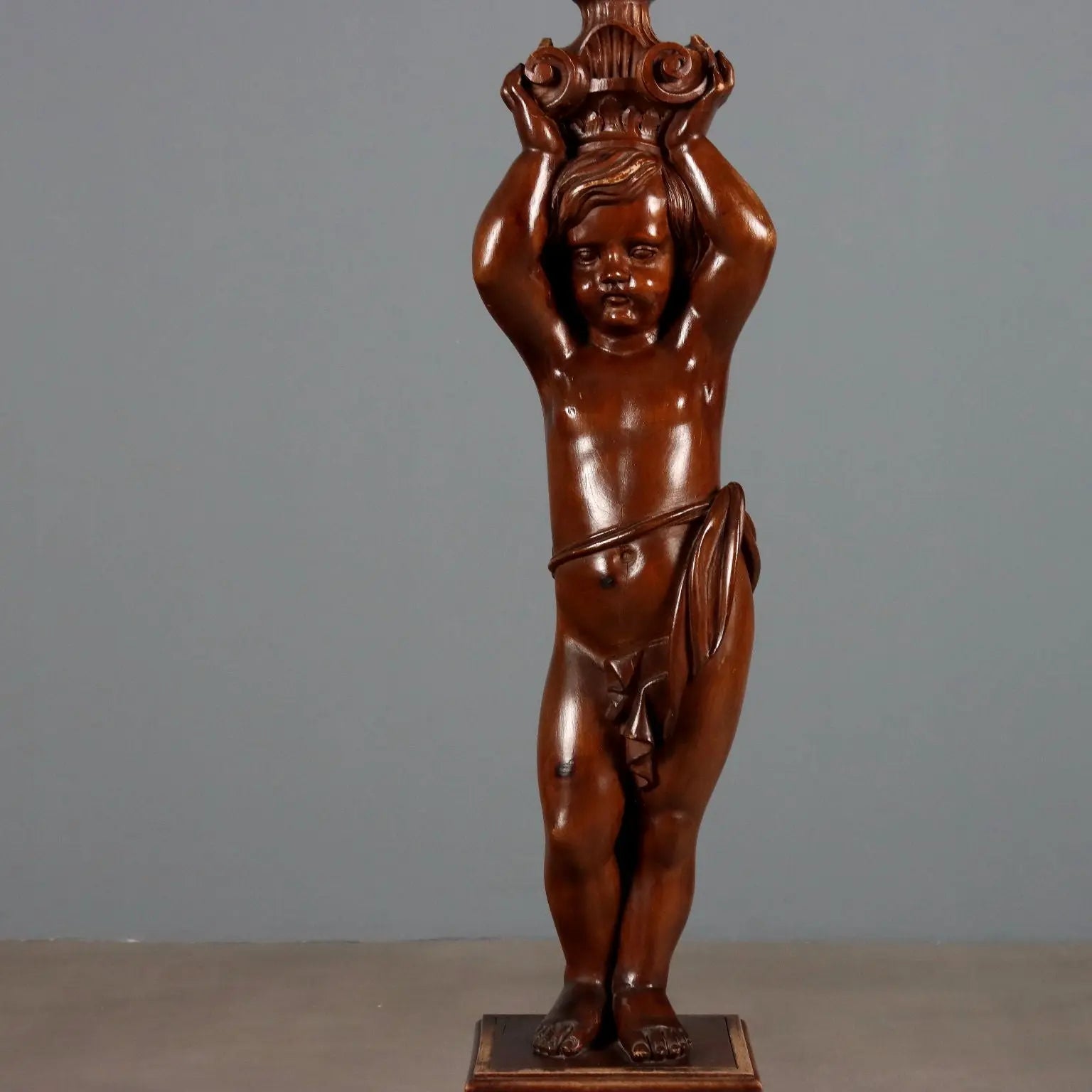 Floor Lamp with Wooden Putto - Italy 19th Century