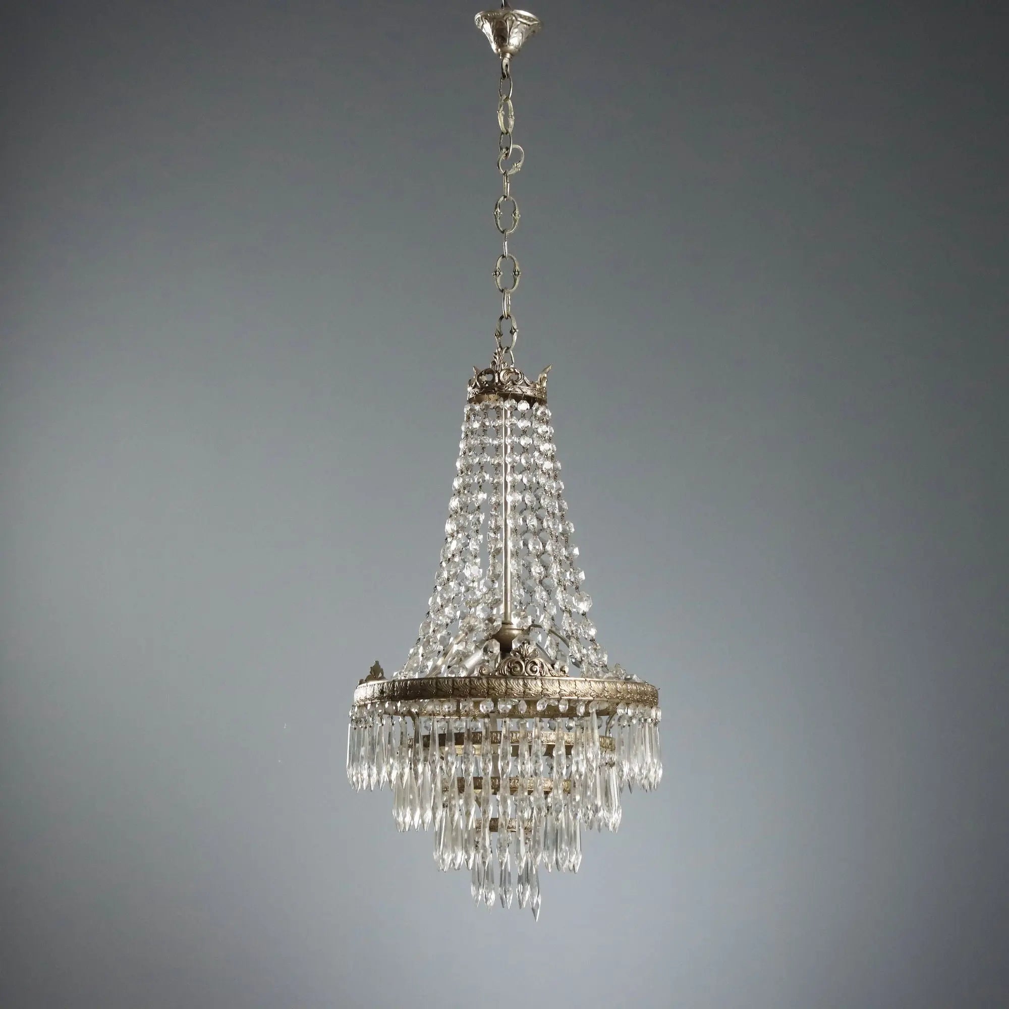 Antique Balloon Shaped Chandelier Silvered Metal Glass XX Century