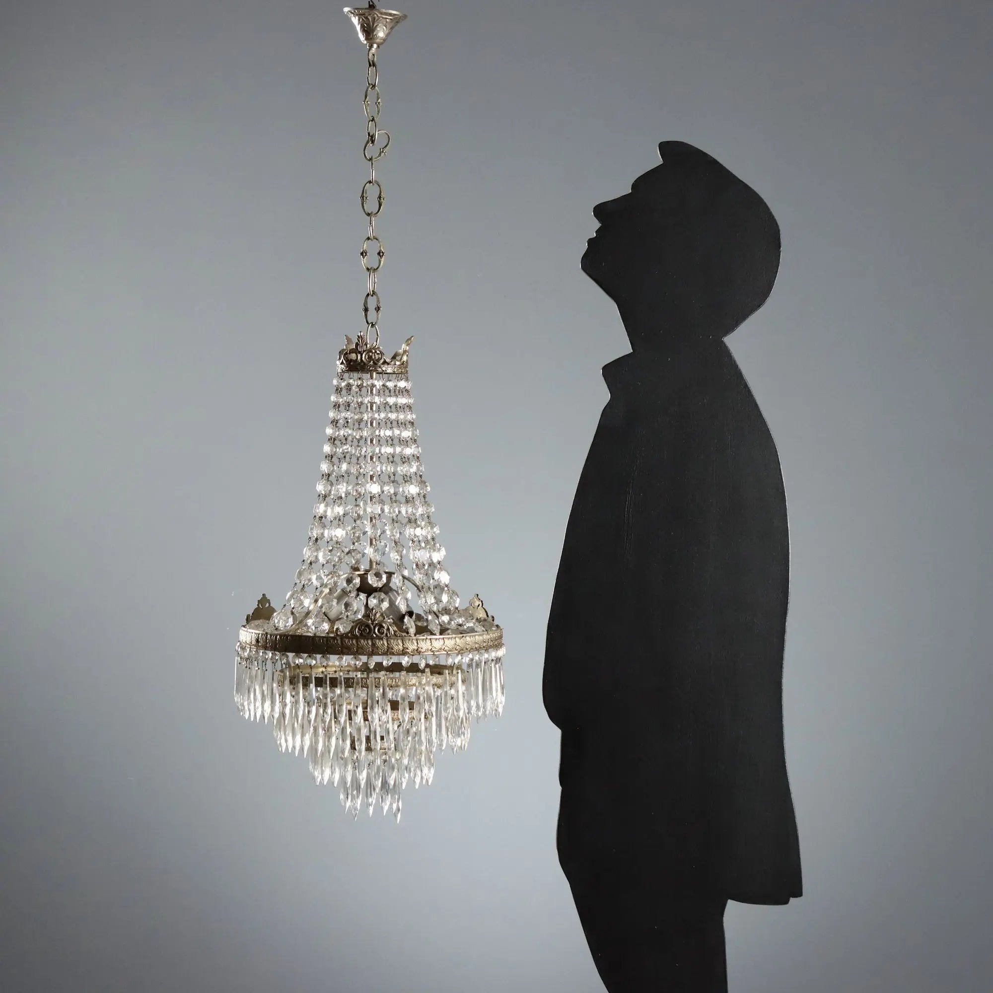 Antique Balloon Shaped Chandelier Silvered Metal Glass XX Century