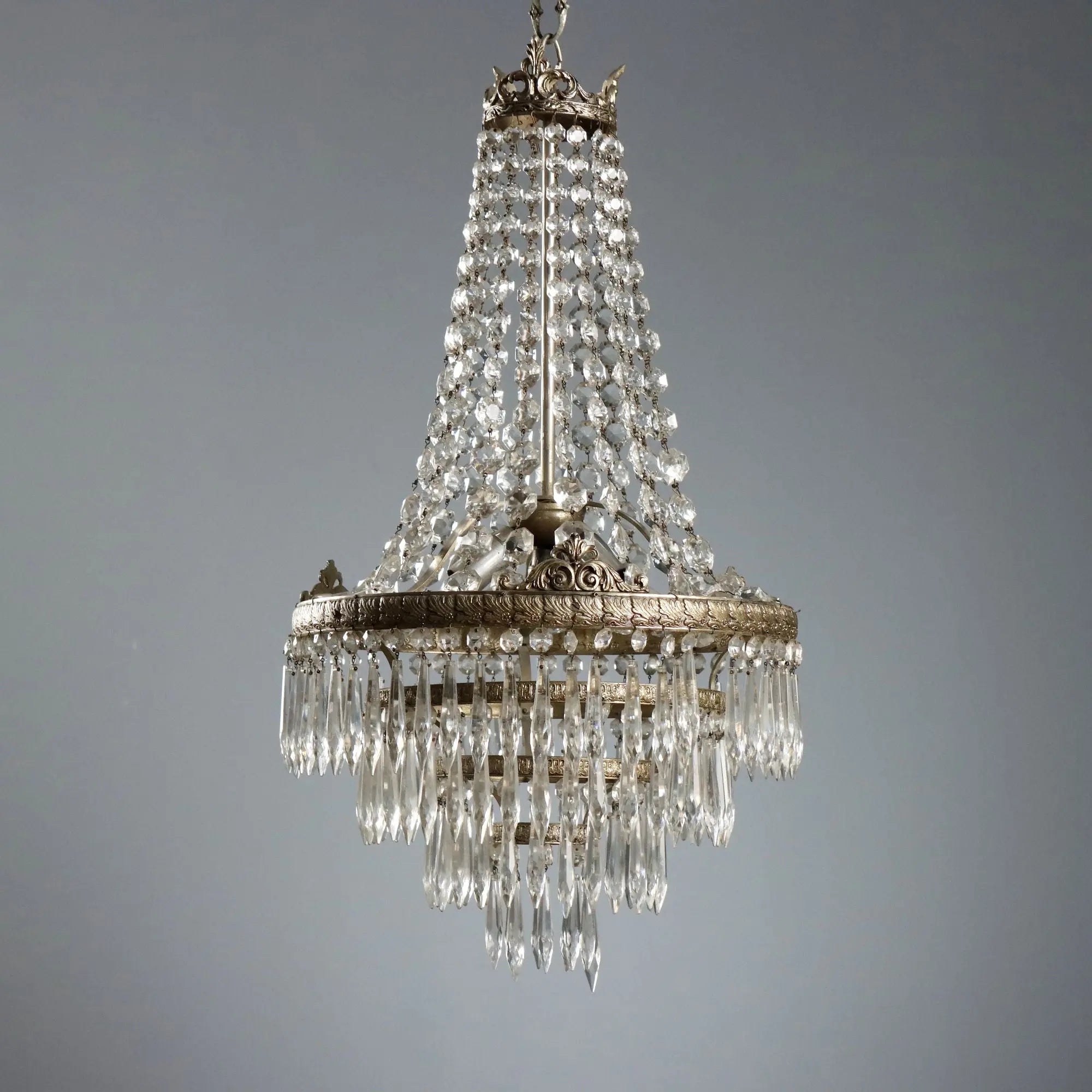 Antique Balloon Shaped Chandelier Silvered Metal Glass XX Century