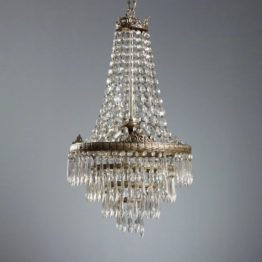 Antique Balloon Shaped Chandelier Silvered Metal Glass XX Century