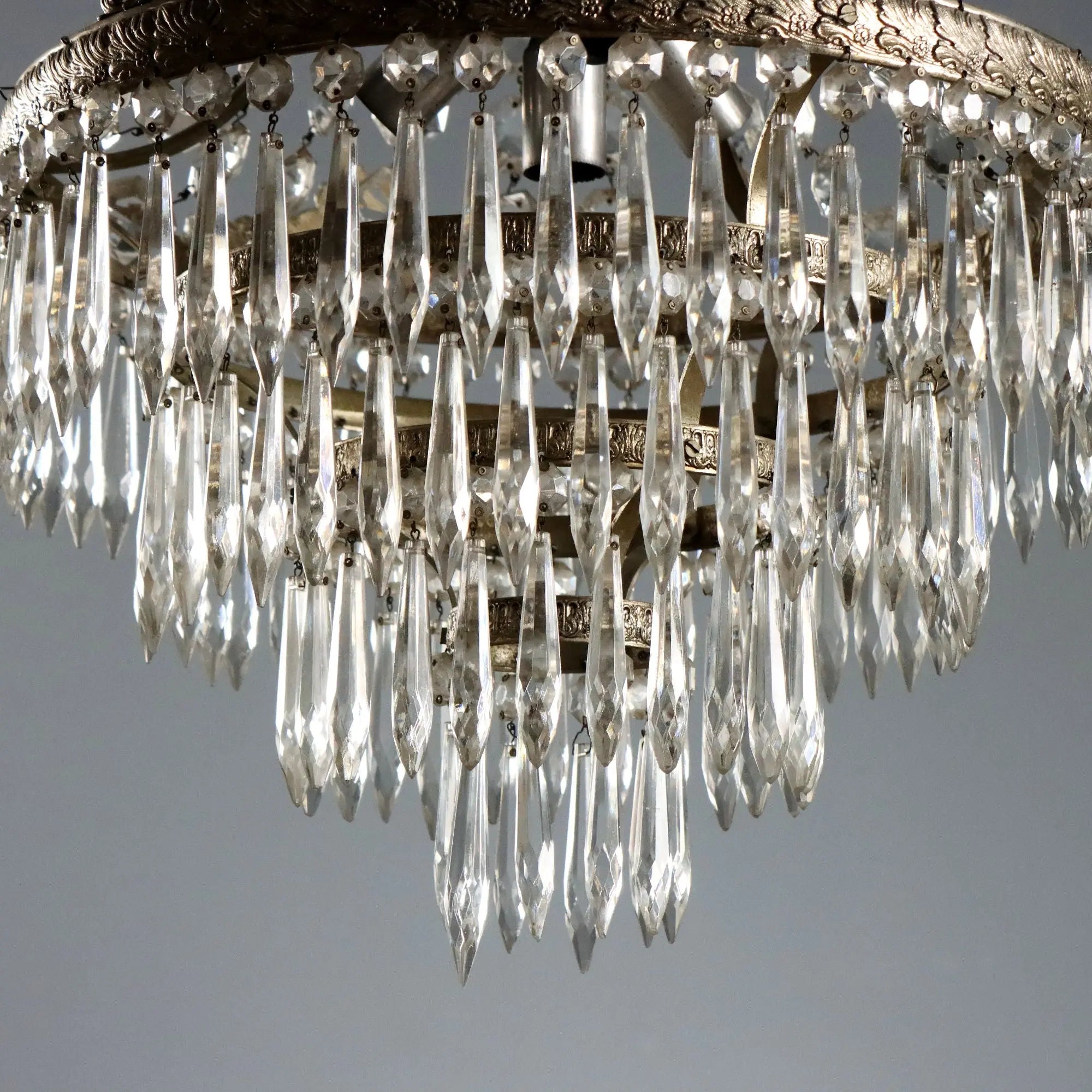 Antique Balloon Shaped Chandelier Silvered Metal Glass XX Century