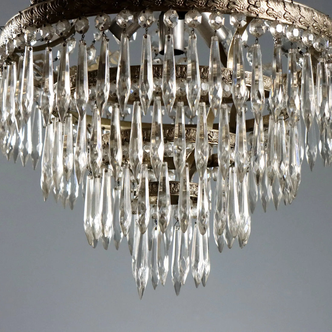 Antique Balloon Shaped Chandelier Silvered Metal Glass XX Century