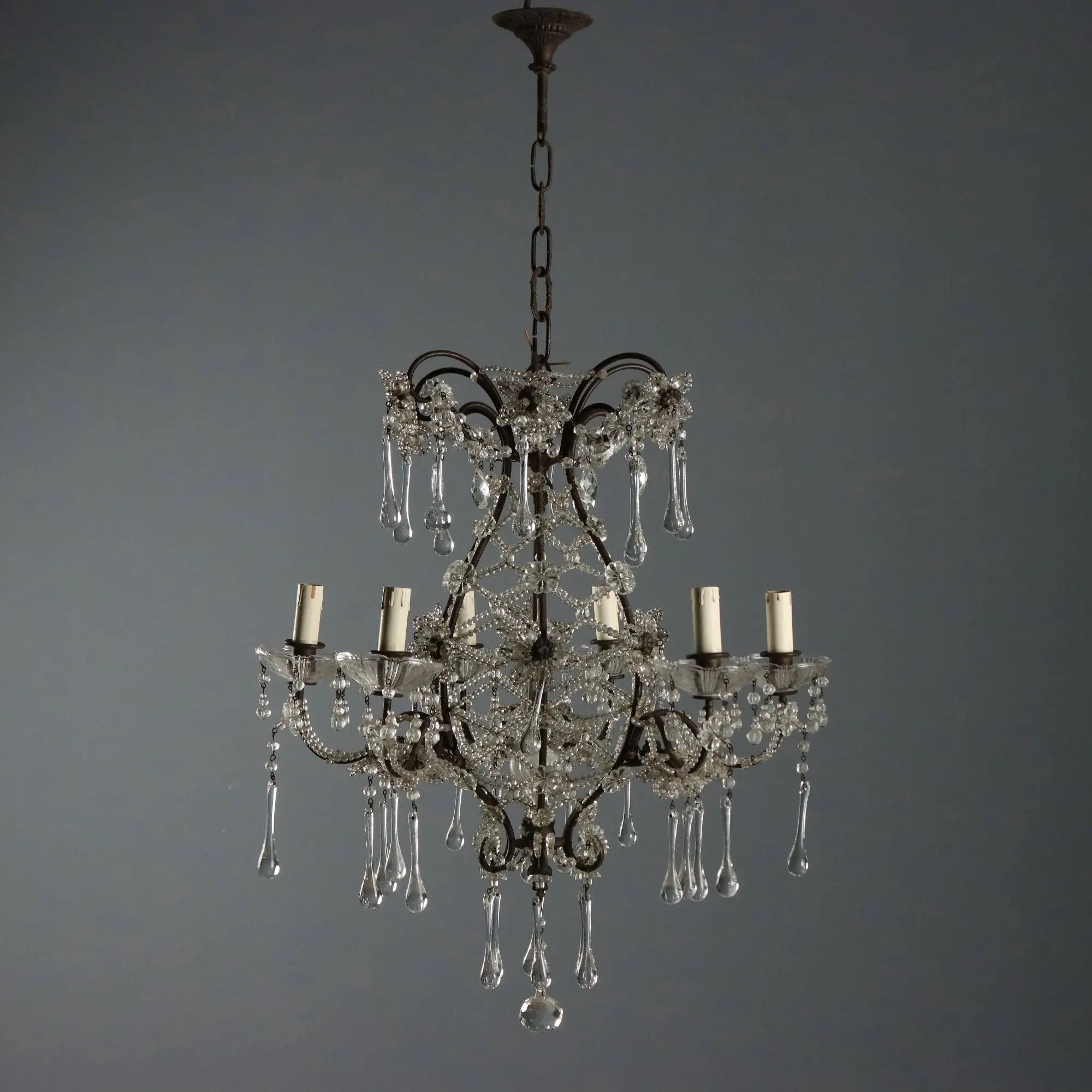 Antique Chandelier Burnished Metal Glass Italy XX Century