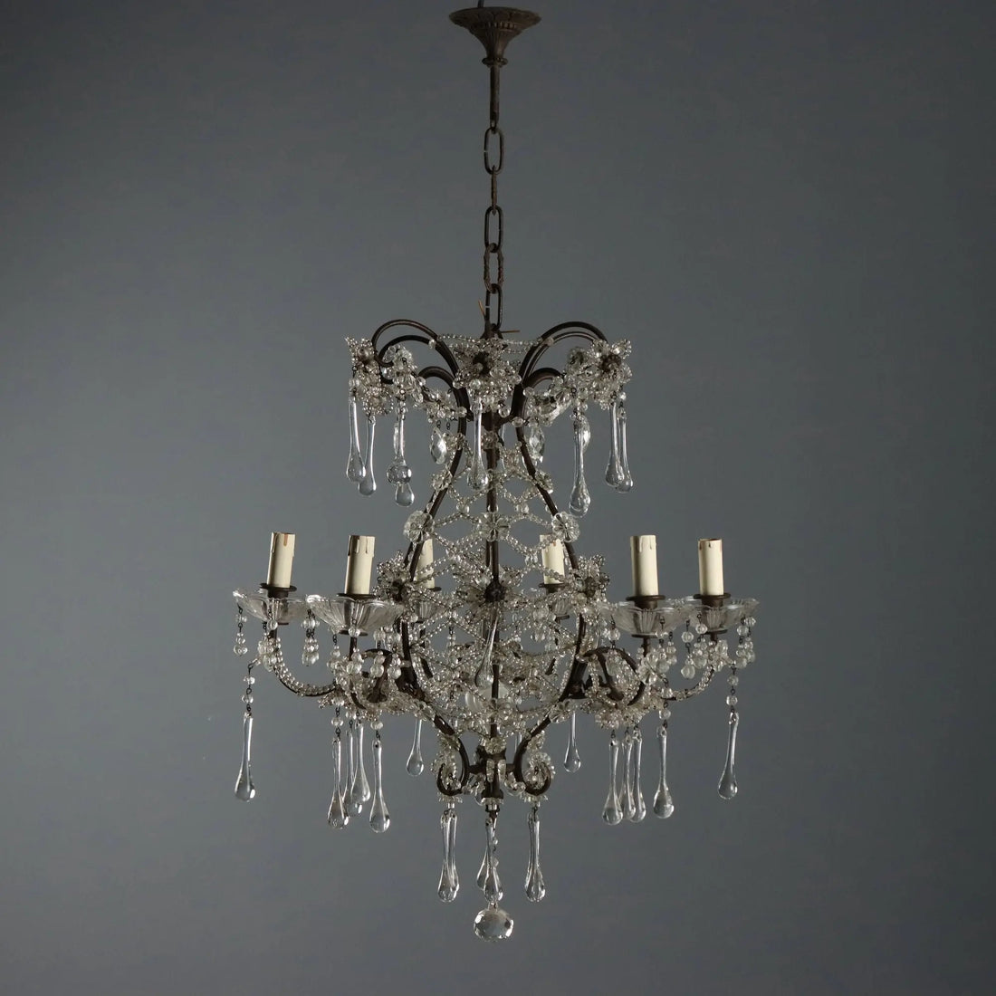 Antique Chandelier Burnished Metal Glass Italy XX Century