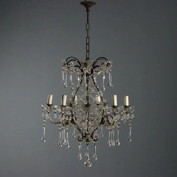 Antique Chandelier Burnished Metal Glass Italy XX Century