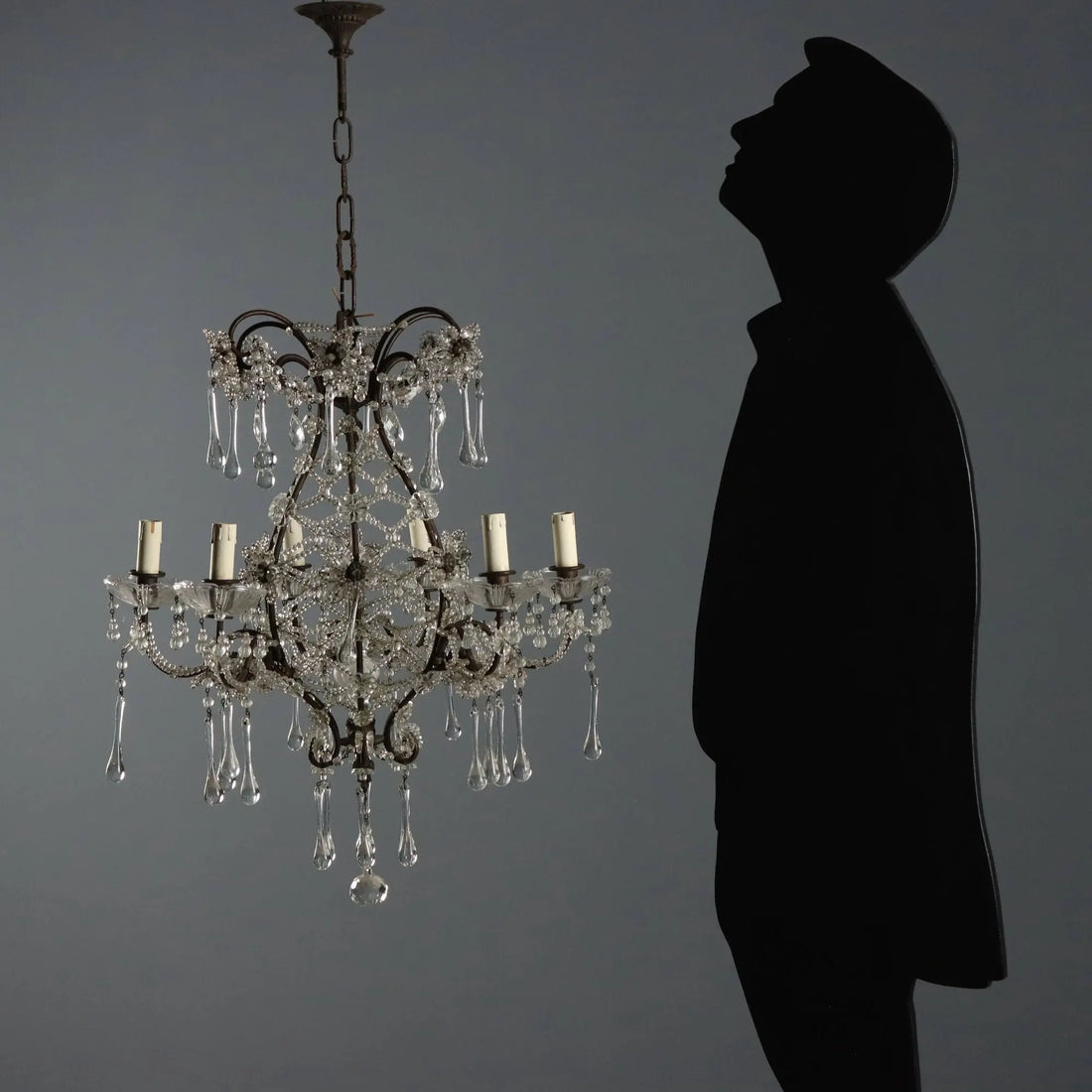 Antique Chandelier Burnished Metal Glass Italy XX Century
