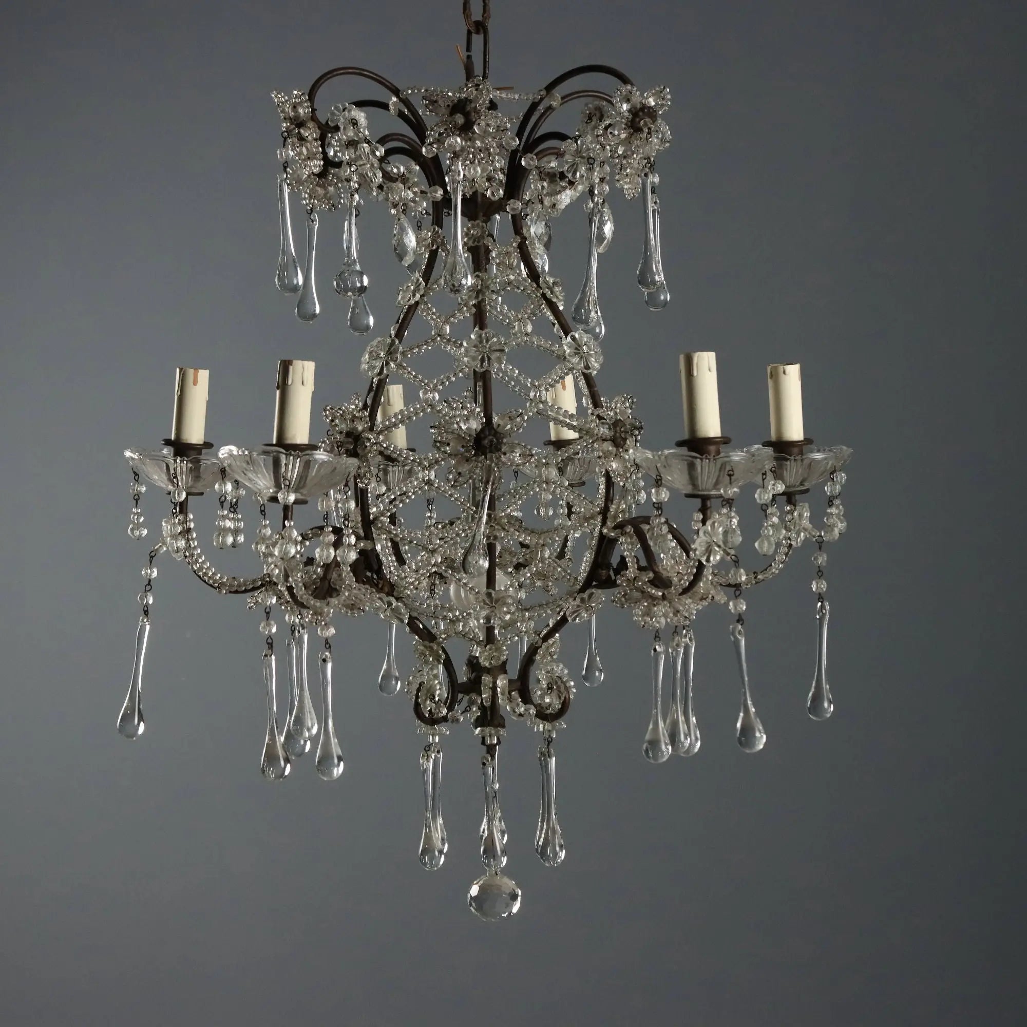 Antique Chandelier Burnished Metal Glass Italy XX Century