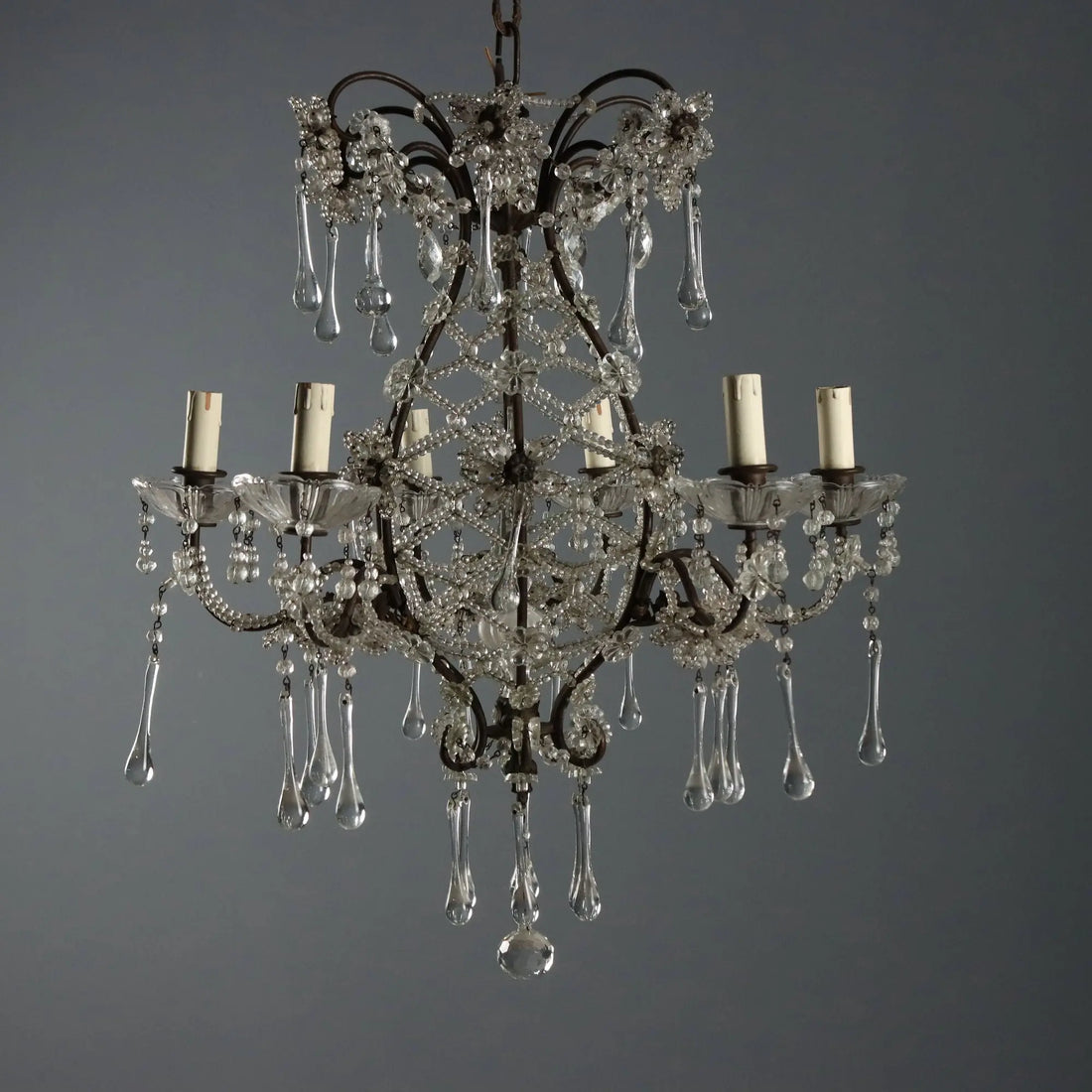 Antique Chandelier Burnished Metal Glass Italy XX Century