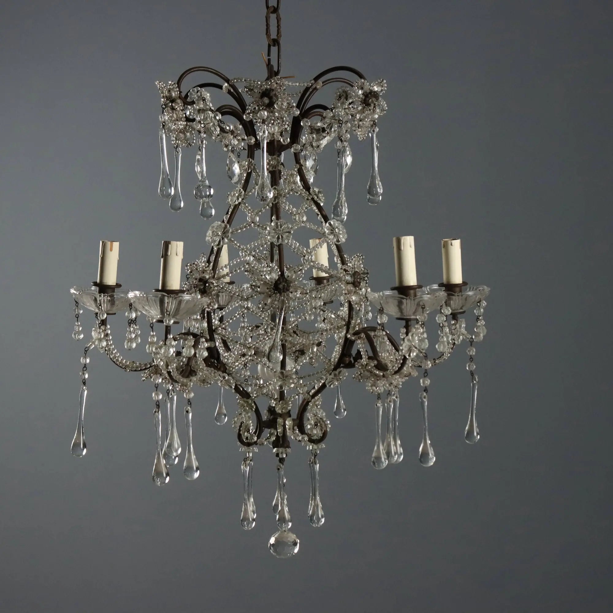 Antique Chandelier Burnished Metal Glass Italy XX Century