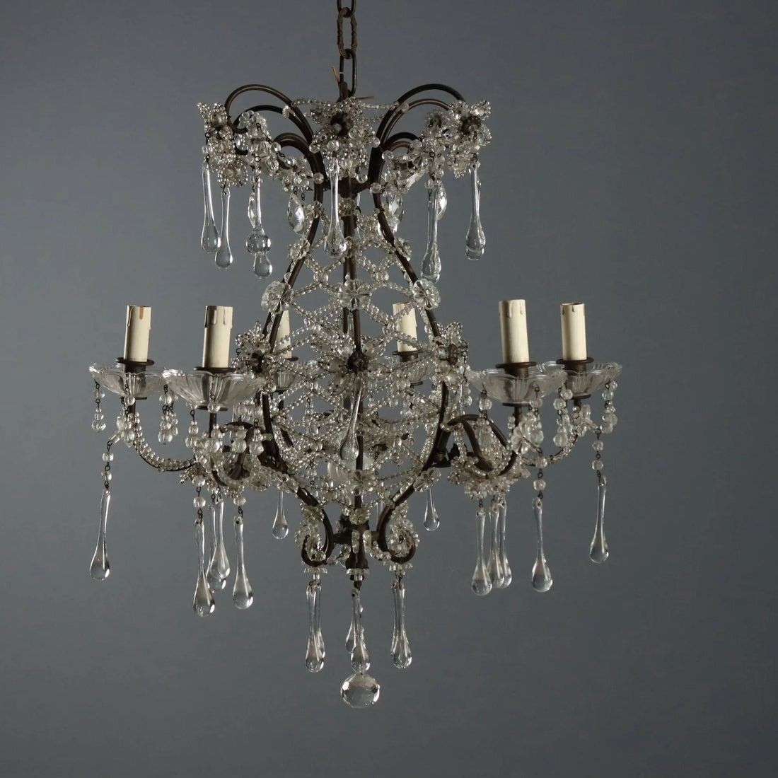 Antique Chandelier Burnished Metal Glass Italy XX Century