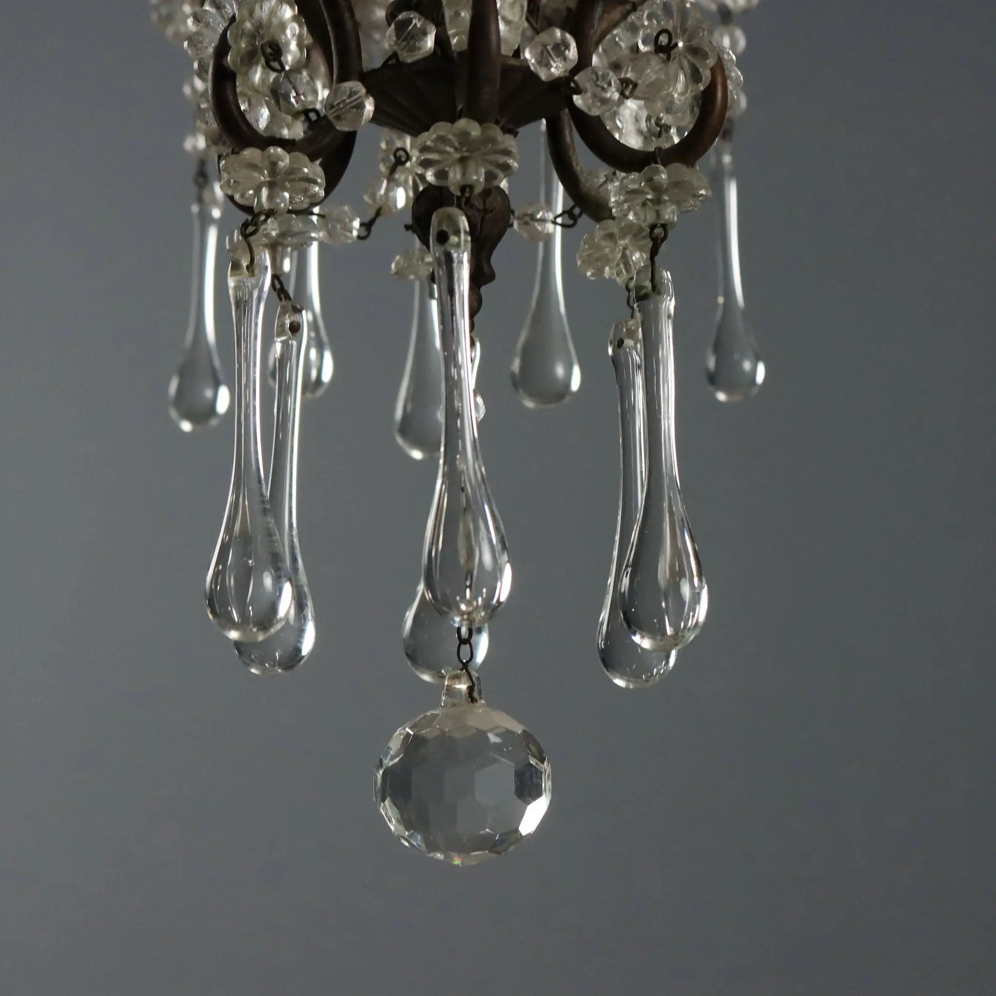 Antique Chandelier Burnished Metal Glass Italy XX Century