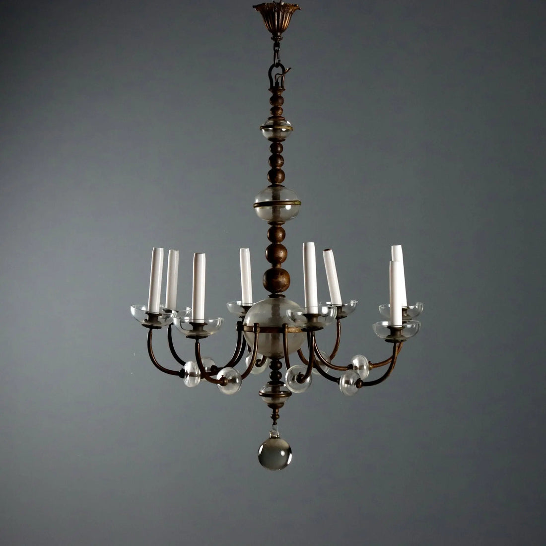 Antique Chandelier Metal Glass 8 Lights Italy Early XX Century
