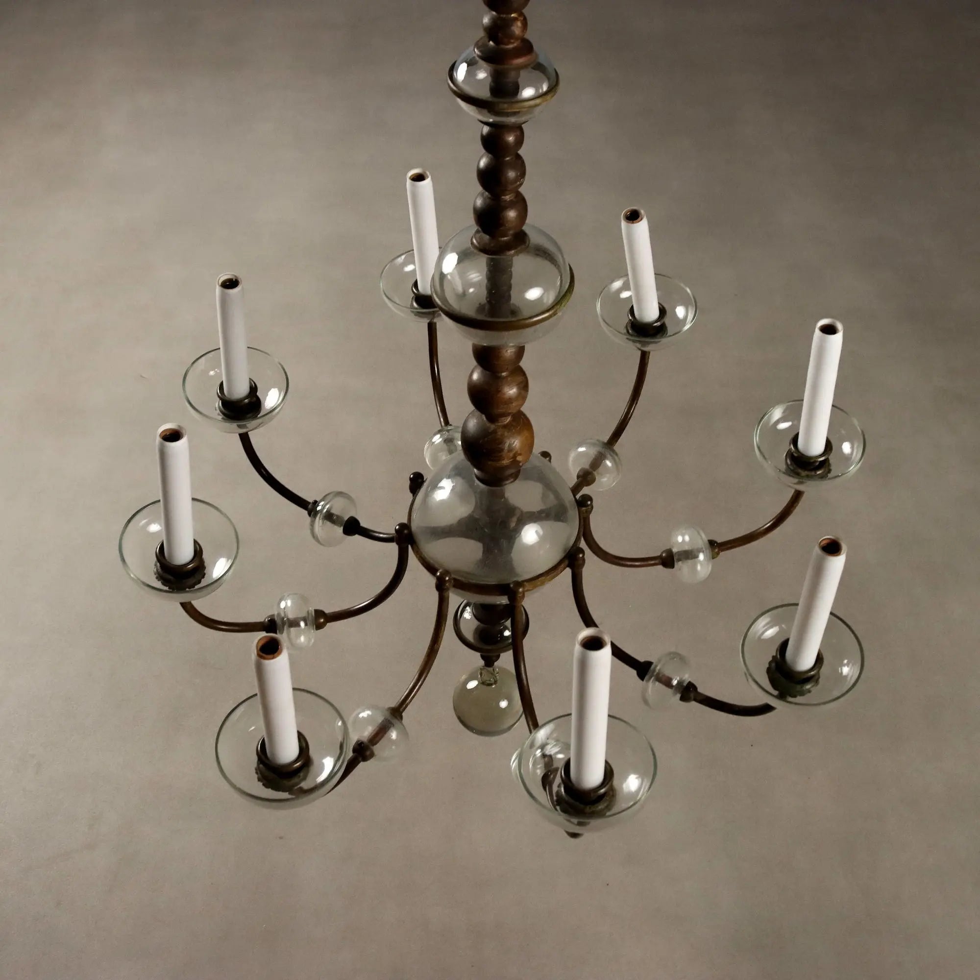 Antique Chandelier Metal Glass 8 Lights Italy Early XX Century