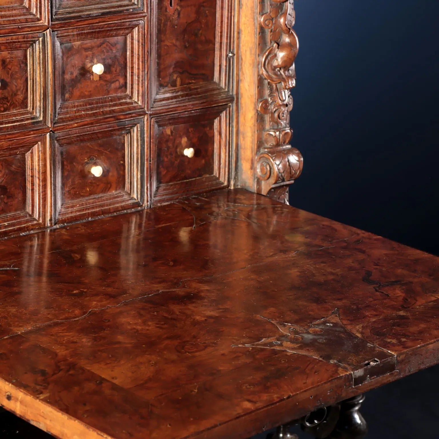 Antique Walnut Burl Cabinet with Grotesque Carvings
