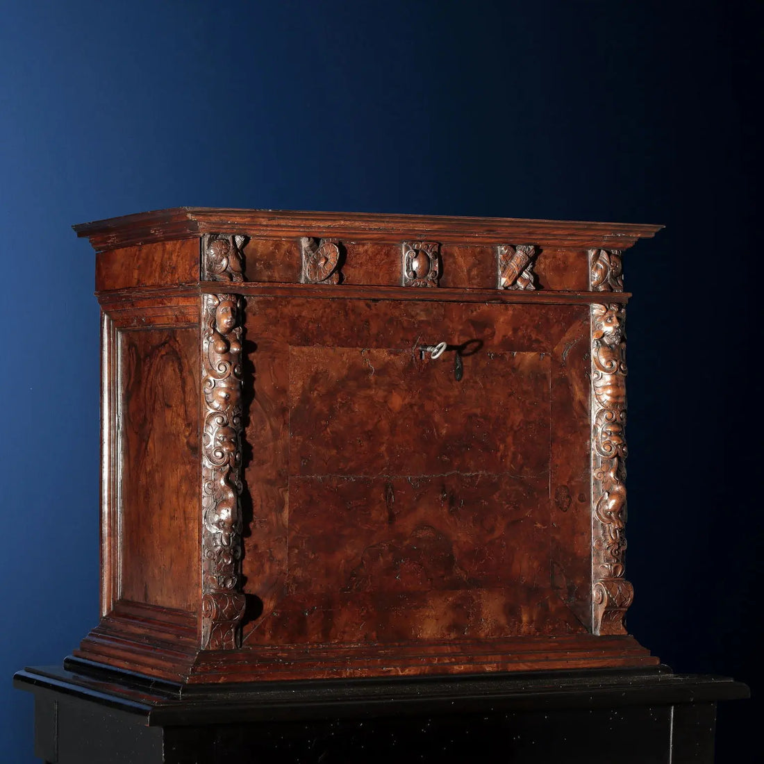 Antique Walnut Burl Cabinet with Grotesque Carvings
