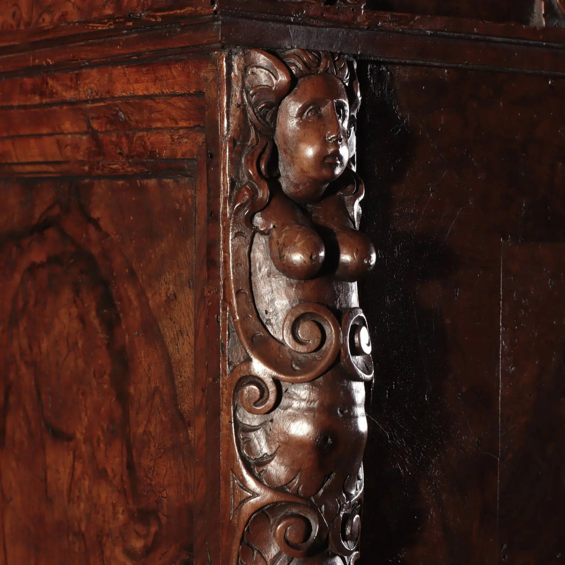 Antique Walnut Burl Cabinet with Grotesque Carvings