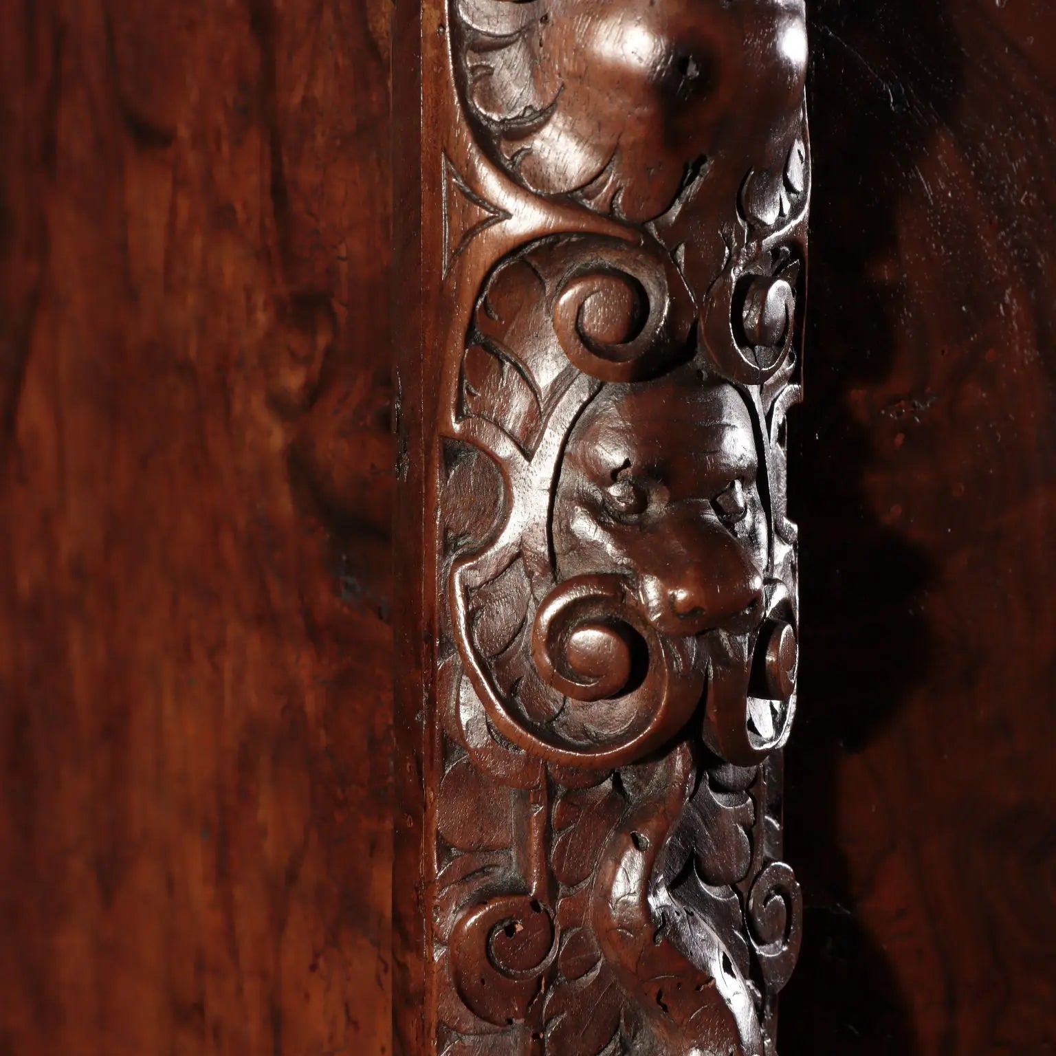 Antique Walnut Burl Cabinet with Grotesque Carvings