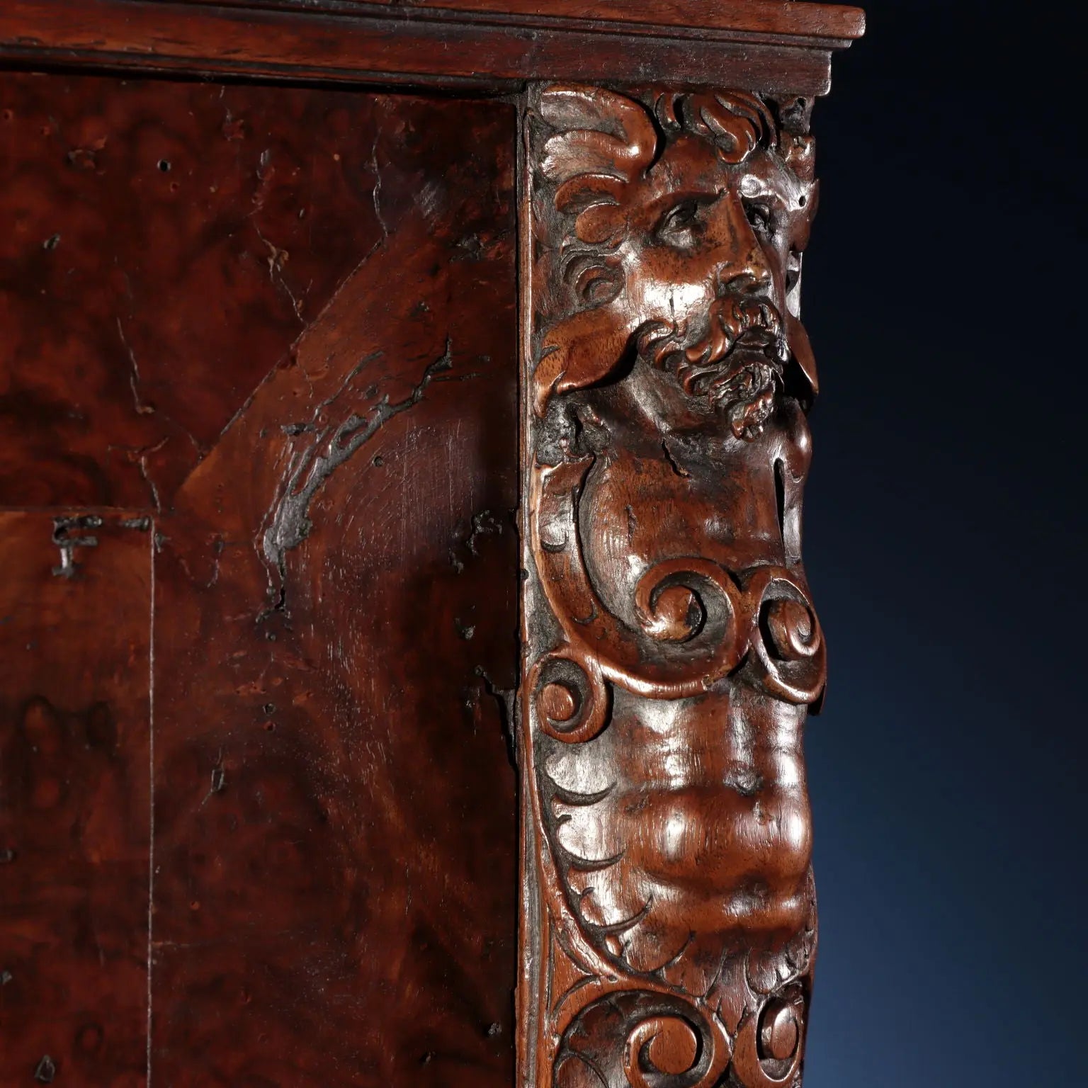 Antique Walnut Burl Cabinet with Grotesque Carvings