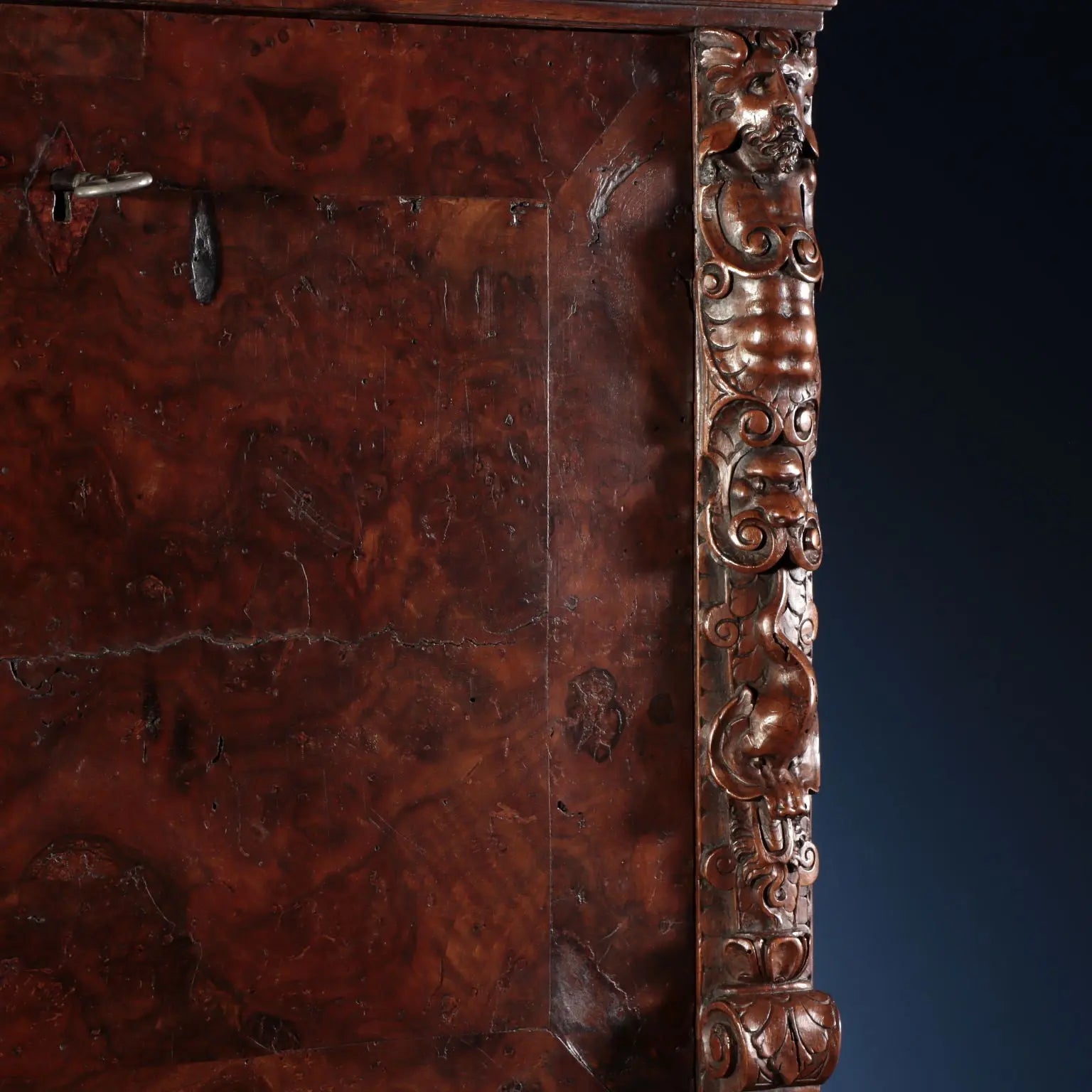Antique Walnut Burl Cabinet with Grotesque Carvings