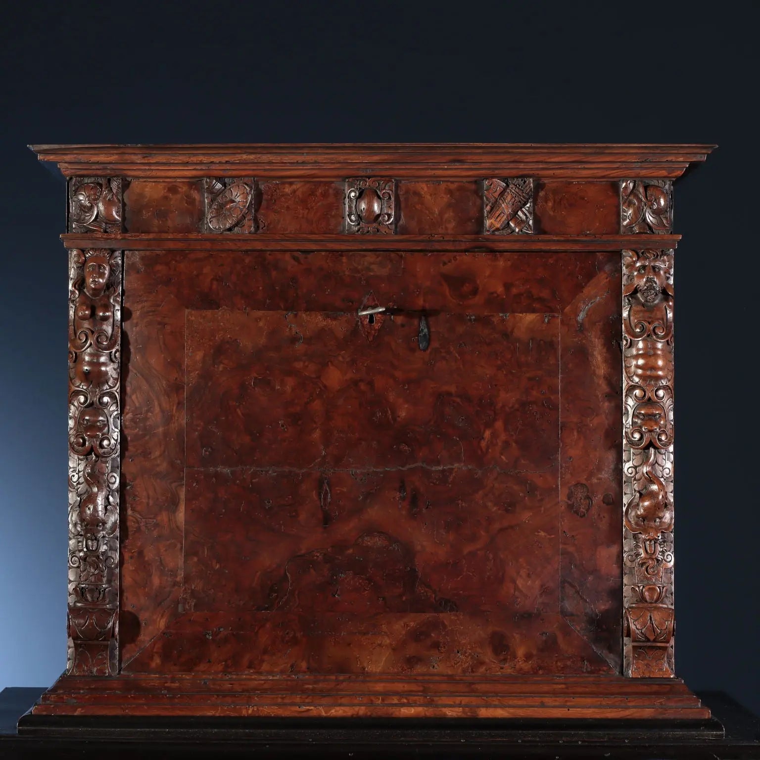 Antique Walnut Burl Cabinet with Grotesque Carvings