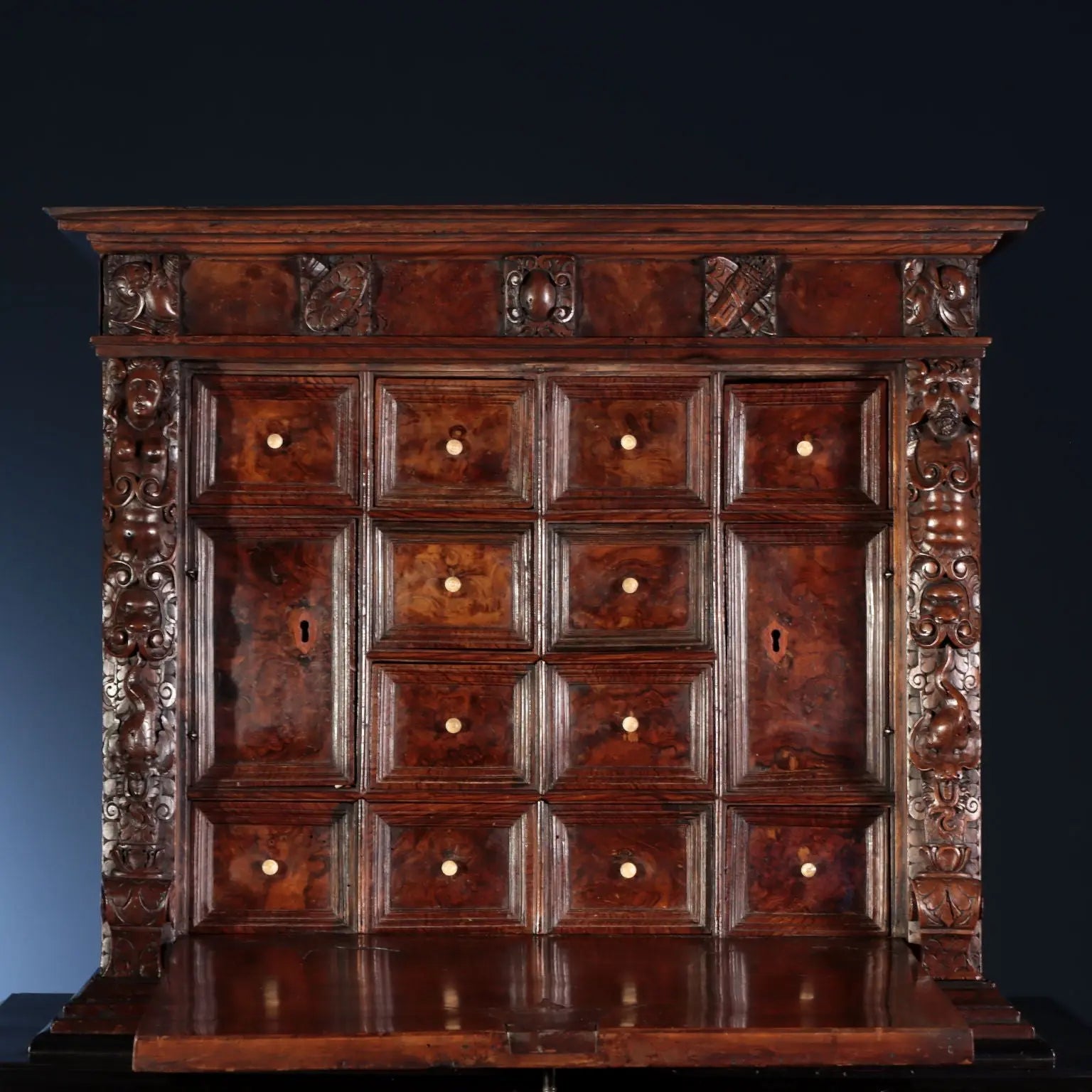 Antique Walnut Burl Cabinet with Grotesque Carvings