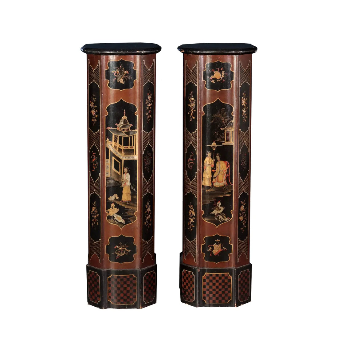 Pair of Chinoiserie Style Columns - Lacquered Wood
