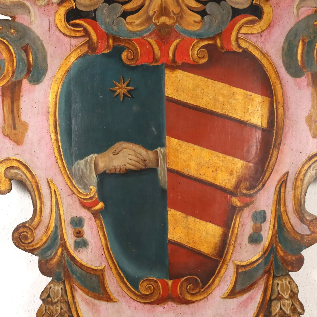 Baroque Pasqui Coat of Arms in Painted Wood