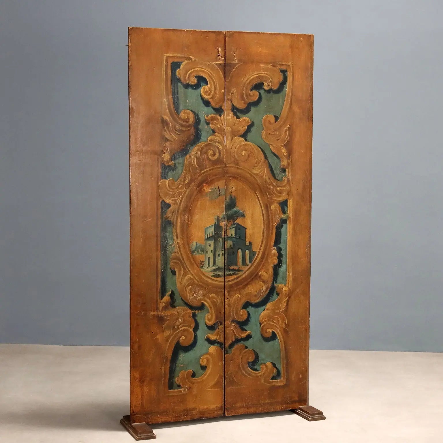 Antique Room Divider Painted Poplar Landscape Baroque XVIII Century - Room Divider Made with Two Doors | Antiques | Other Furniture