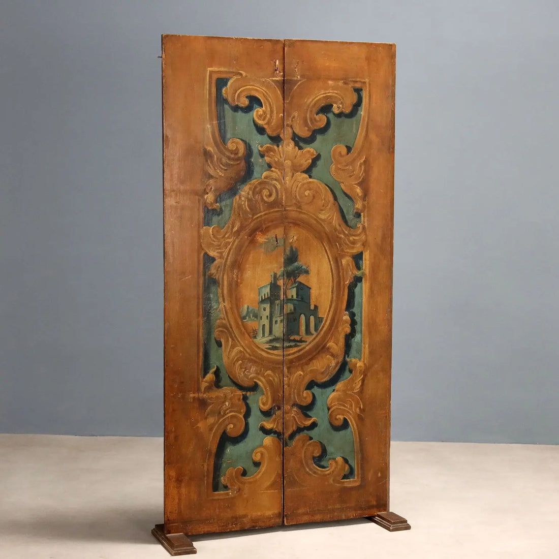 Antique Room Divider Painted Poplar Landscape Baroque XVIII Century - Room Divider Made with Two Doors | Antiques | Other Furniture
